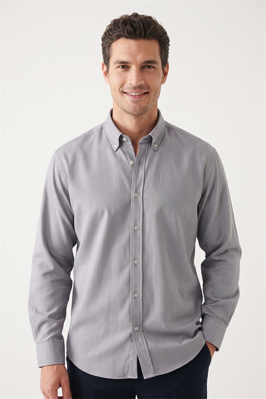 GRİ Düğmeli Yaka Comfort Fit Şamre Gömlek
