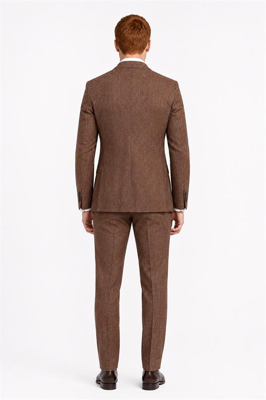 KAHVE Comfort Fit , Keten , Kruvaze 6 Düğme , Çift Yırtmaçlı, Çizgili Takım Elbise