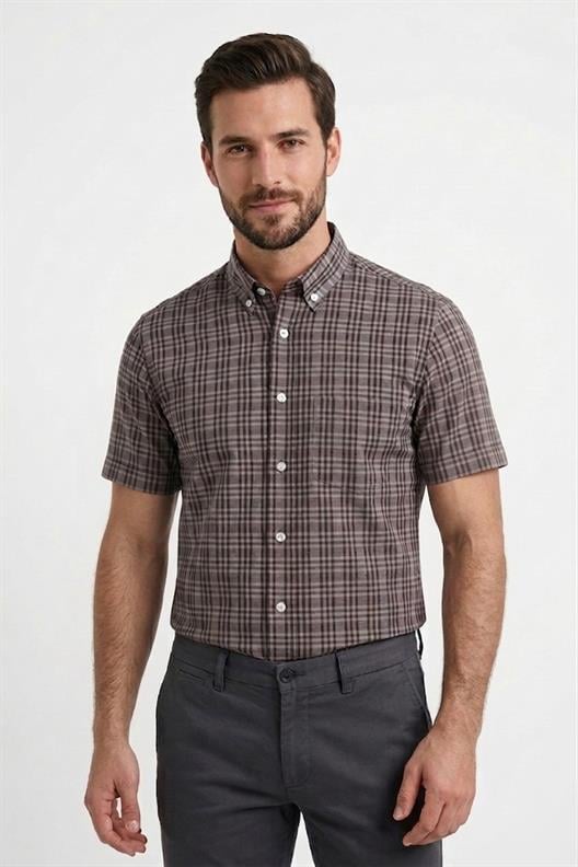 KAHVE Comfort Fit Kısa Kol Ekose Gömlek