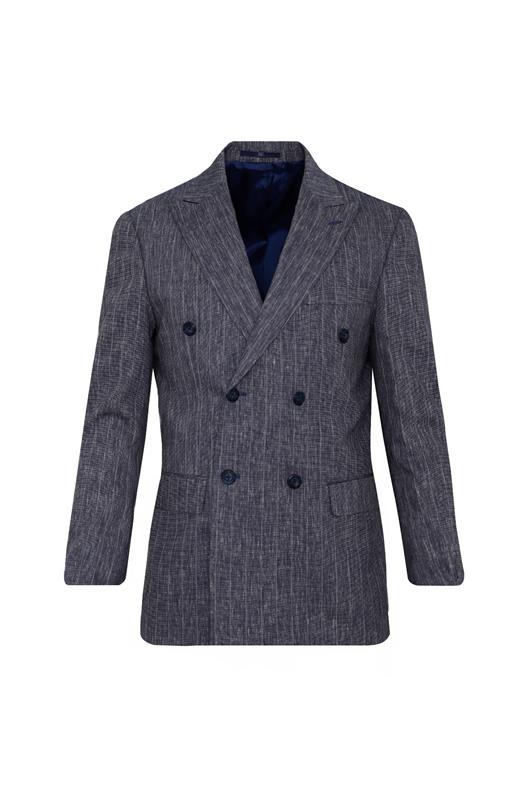 LACİVERT Comfort Fit , Keten , Kruvaze 6 Düğme , Çift Yırtmaçlı, Çizgili Takım Elbise