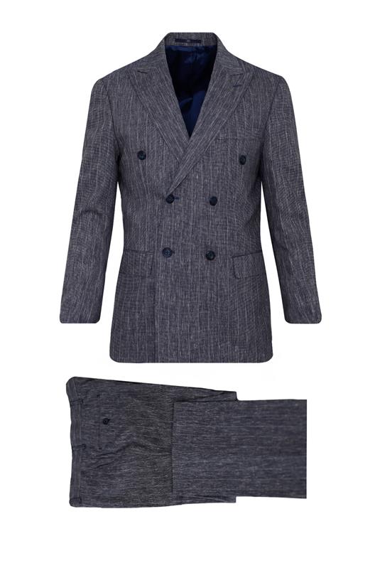 LACİVERT Comfort Fit , Keten , Kruvaze 6 Düğme , Çift Yırtmaçlı, Çizgili Takım Elbise