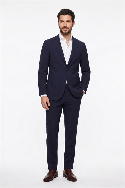 LACİVERT Comfort Fit Mono Yaka 2 Düğme Çift Yırtmaçlı Kapaklı Cep 6 Drop Casual Takım Elbise