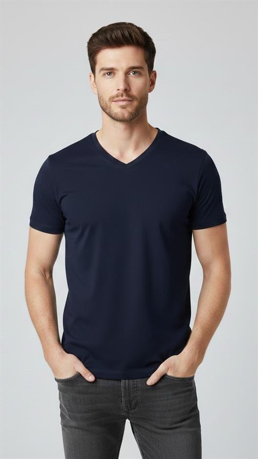 LACİVERT Comfort Fit V Yaka Basic T-Shirt