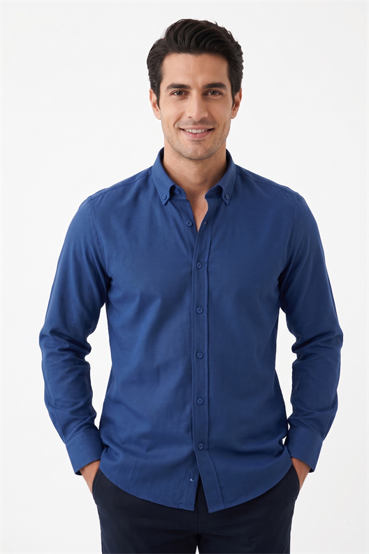 LACİVERT Düğmeli Yaka Comfort Fit Şamre Gömlek