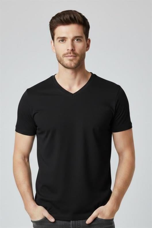 SİYAH Comfort Fit V Yaka Basic T-Shirt