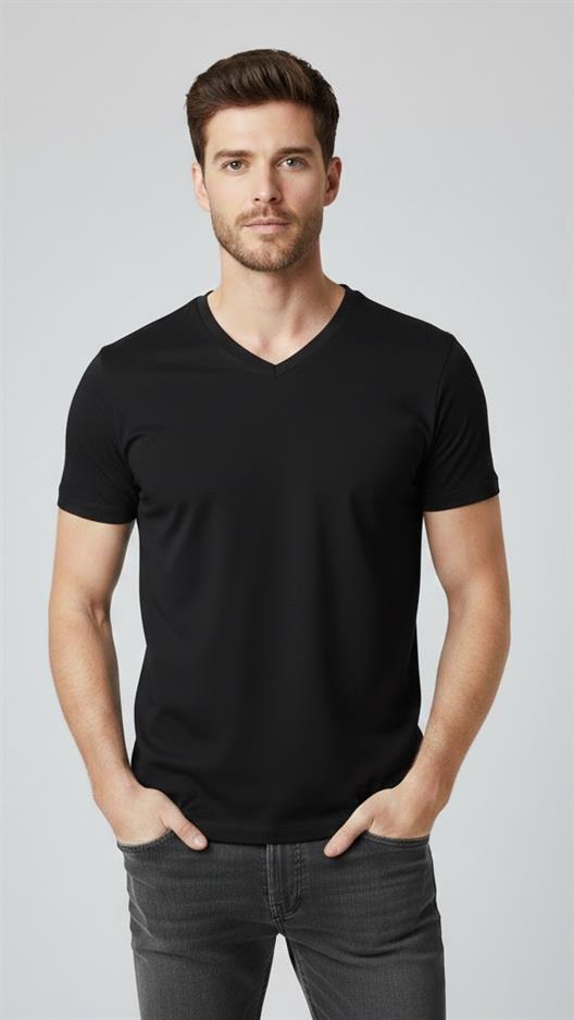 SİYAH Comfort Fit V Yaka Basic T-Shirt