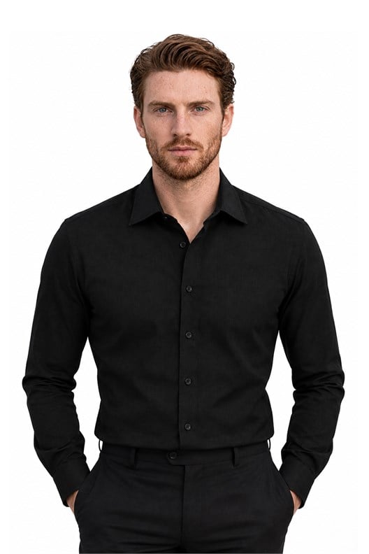 SİYAH Comfort Fit , Yarım İtalyan Yaka , Düz Klasik Gömlek