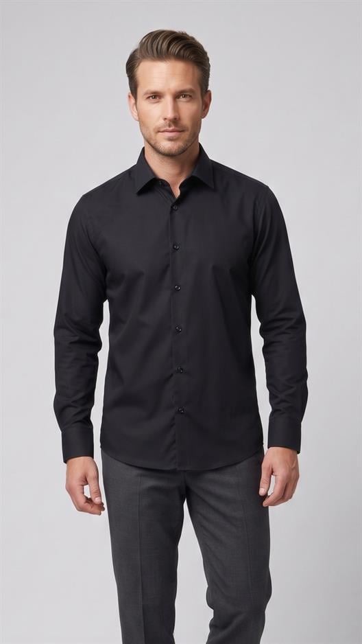 SİYAH Pamuk Saten Gömlek