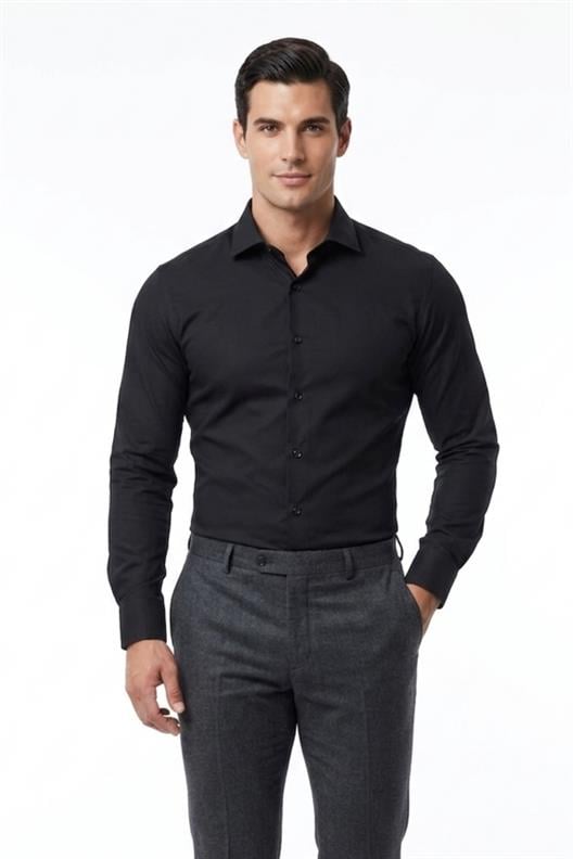 SİYAH Saten Slim Fit Klasik Gömlek
