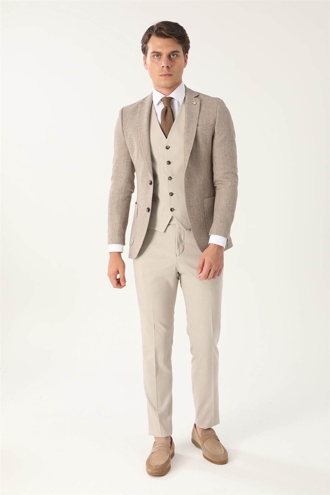 Bej Slim Fit 6 Drop Kombin Yelekli Takım Elbise