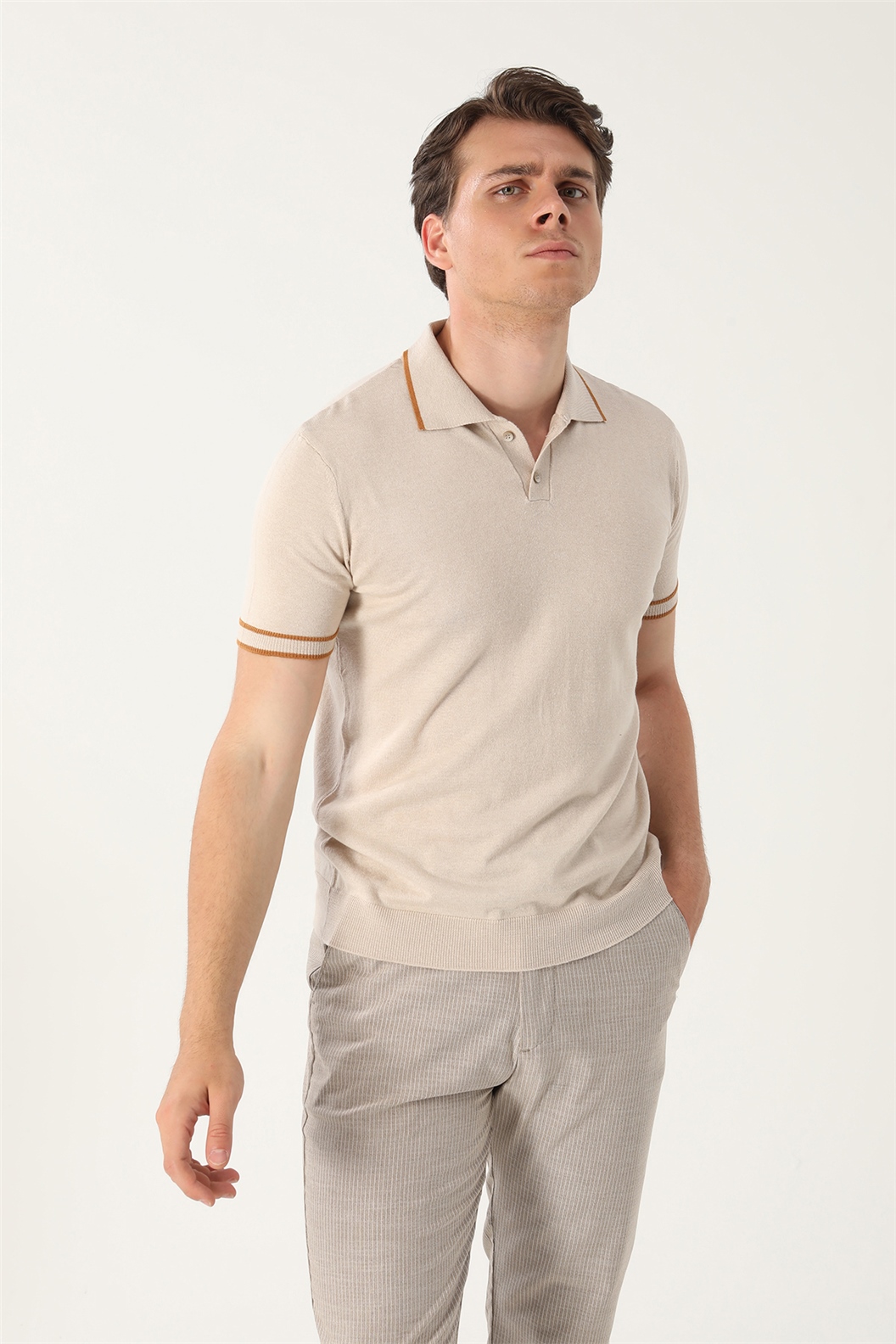Bej Slim Fit Polo Yaka T-Shirt