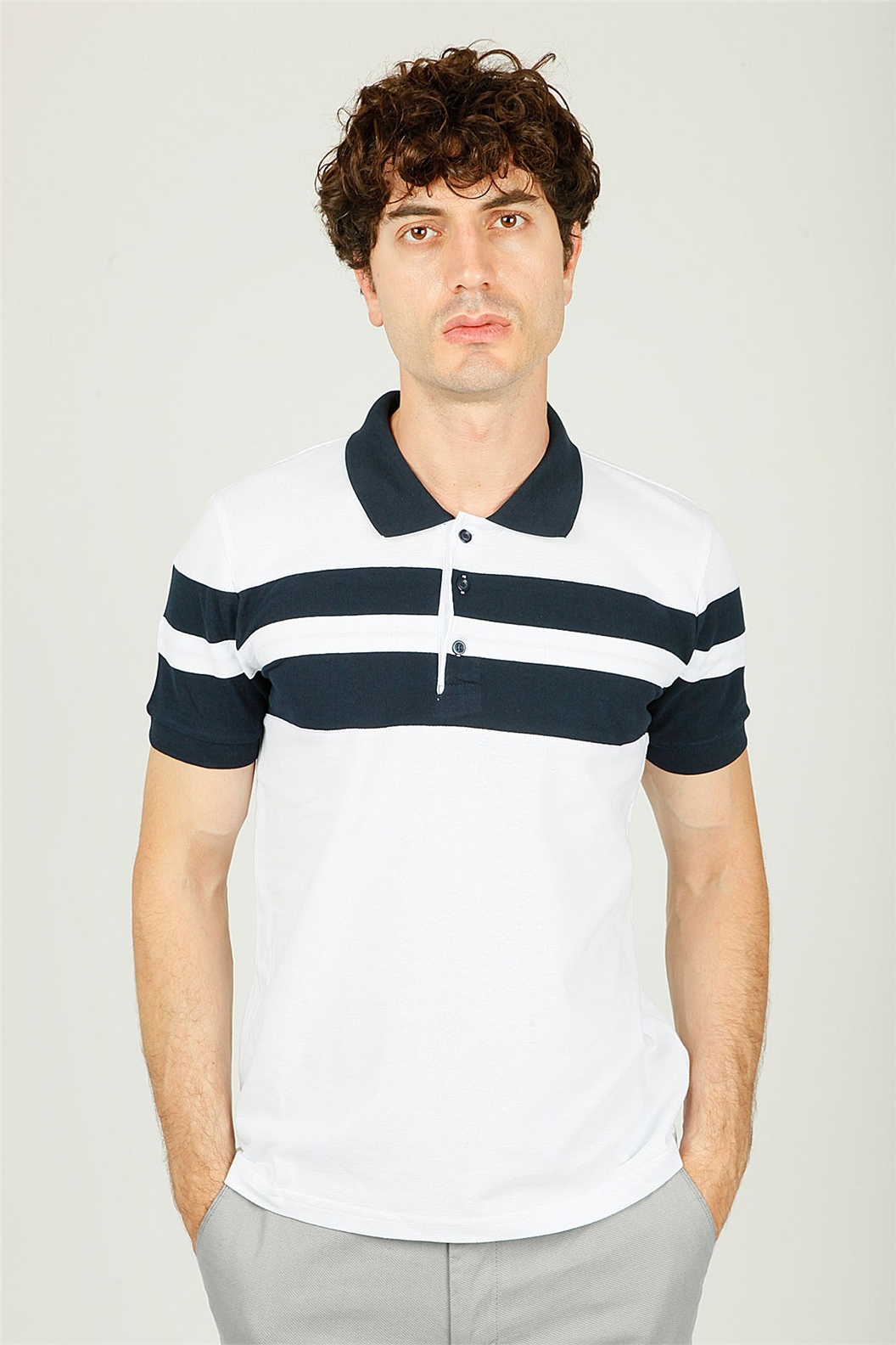 Beyaz - Lacivert Comfort Fit Polo Yaka T-Shirt · 2