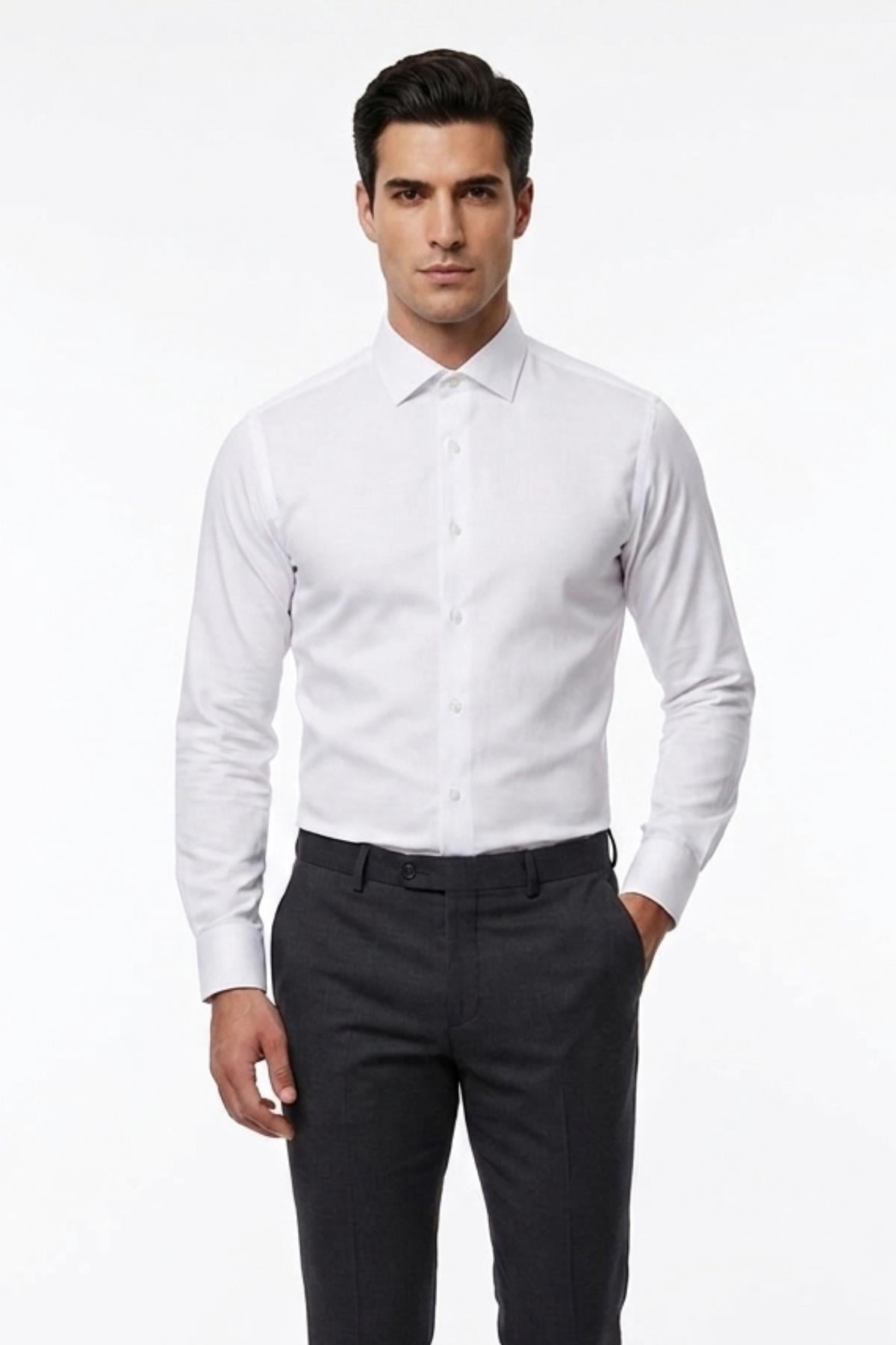 BEYAZ Saten Slim Fit Klasik Gömlek