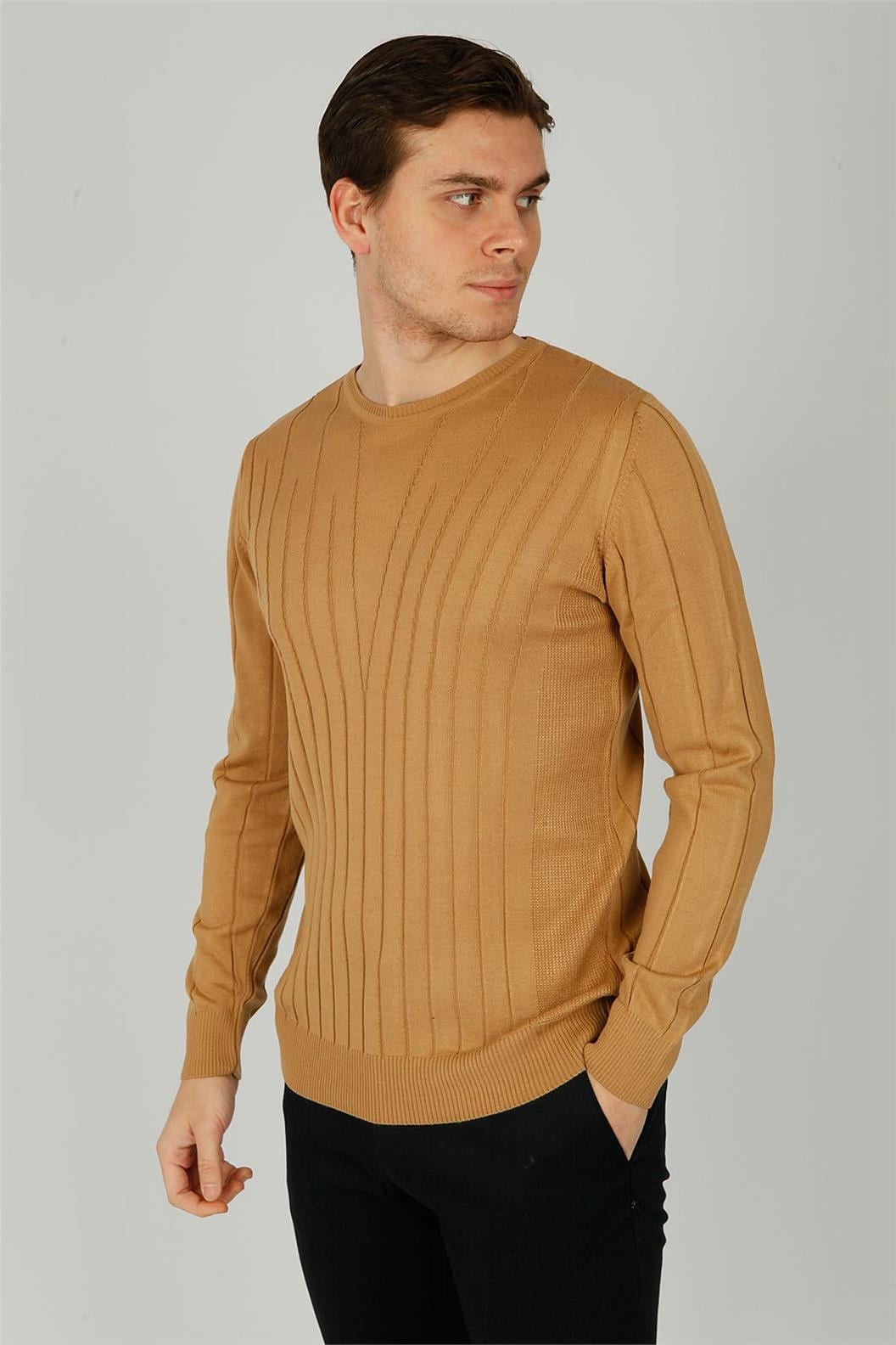 Camel Desenli Bisiklet Yaka Triko Kazak