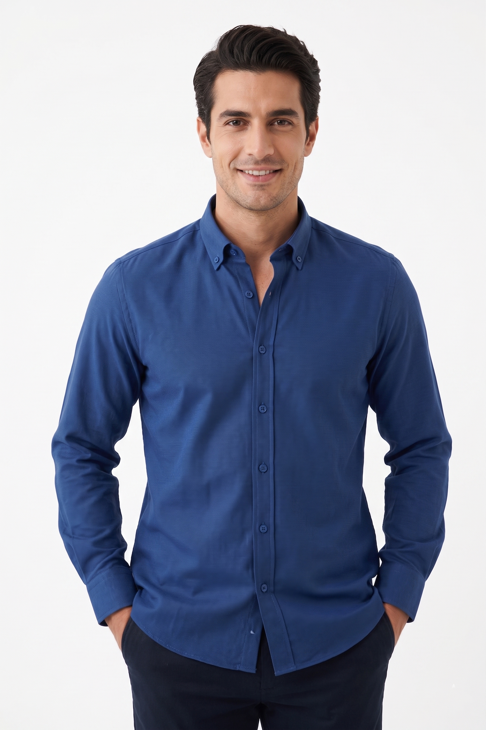 LACİVERT Düğmeli Yaka Comfort Fit Şamre Gömlek