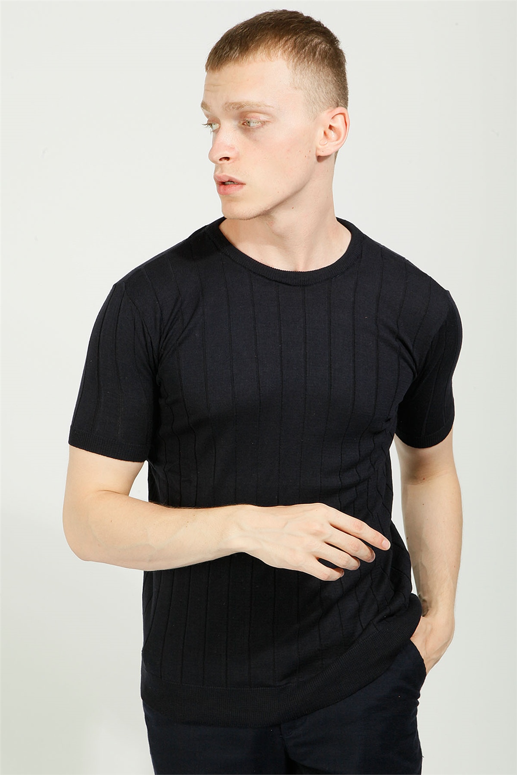 Lacivert Slim Fit Bisiklet Yaka Triko T-Shirt · 2