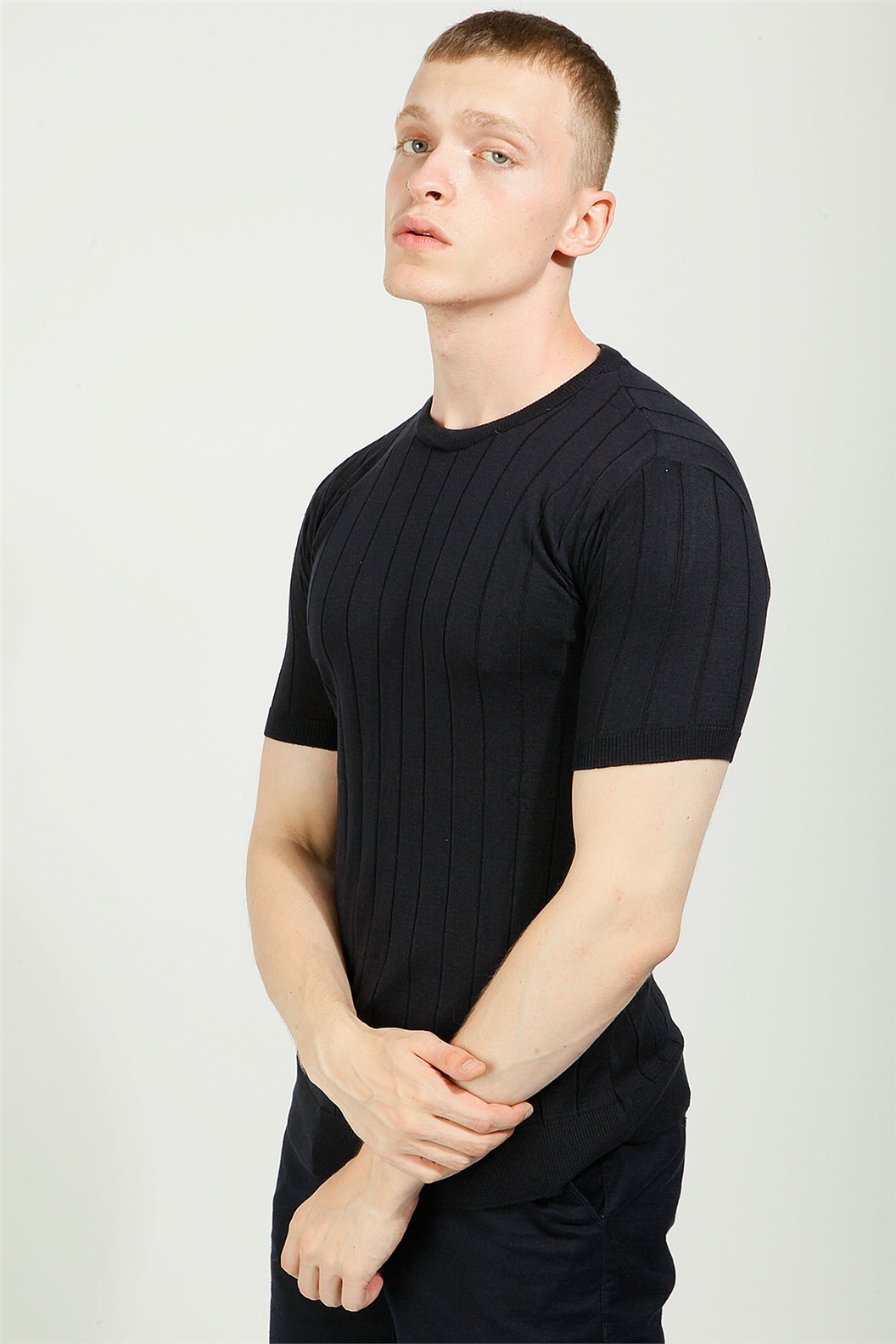 Lacivert Slim Fit Bisiklet Yaka Triko T-Shirt · 3