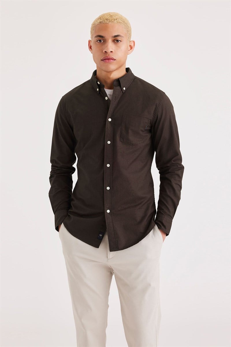 Stretch Oxford Slim Gömlek Beige