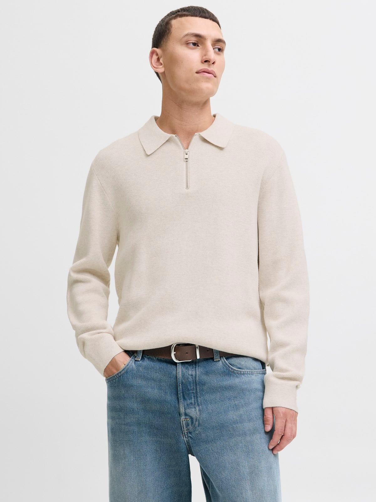 JPRMILANO STITCH KNIT ZIP POLO SN Cloud Dancer