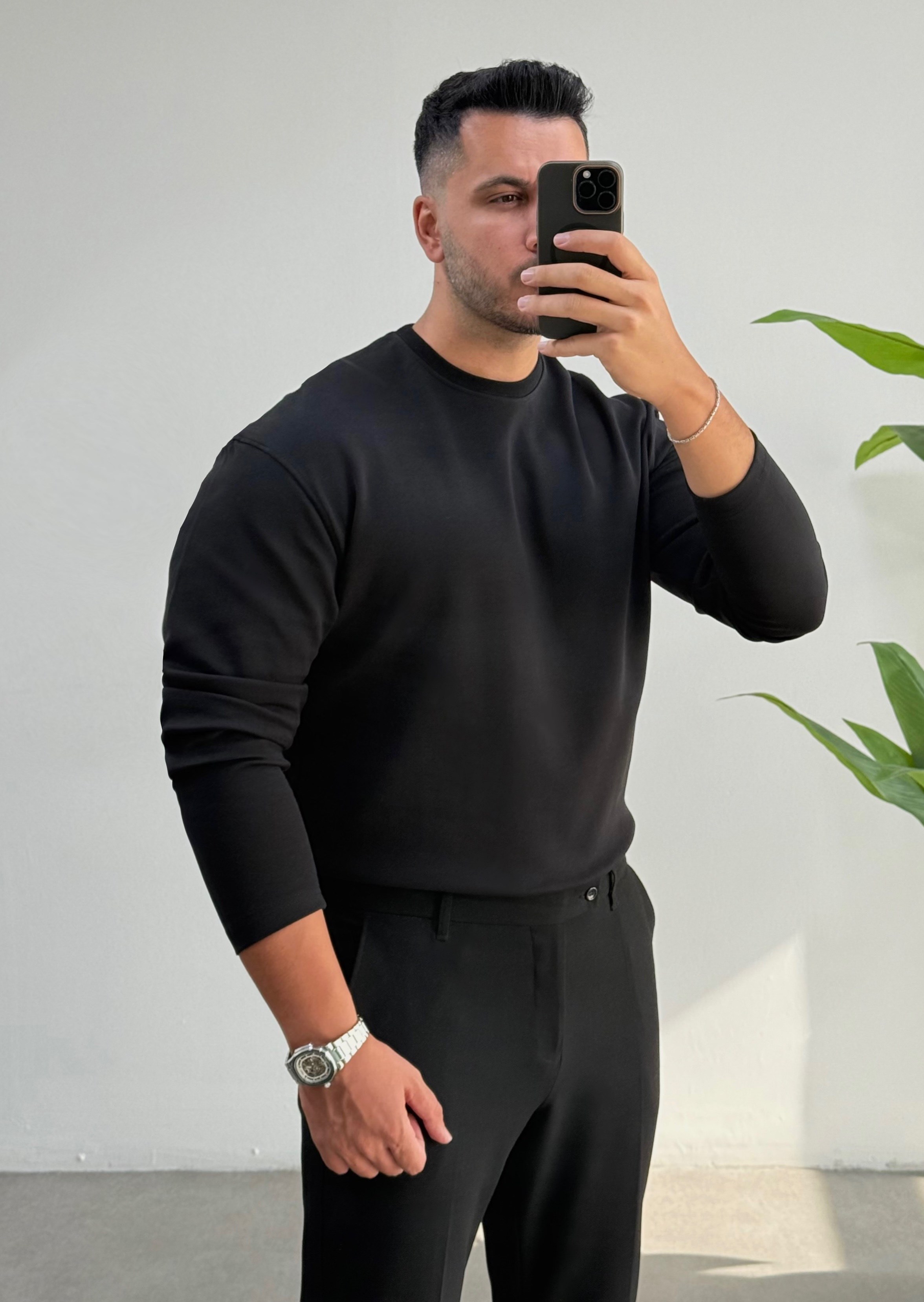 Bisiklet Yaka Double Face Siyah Sweat