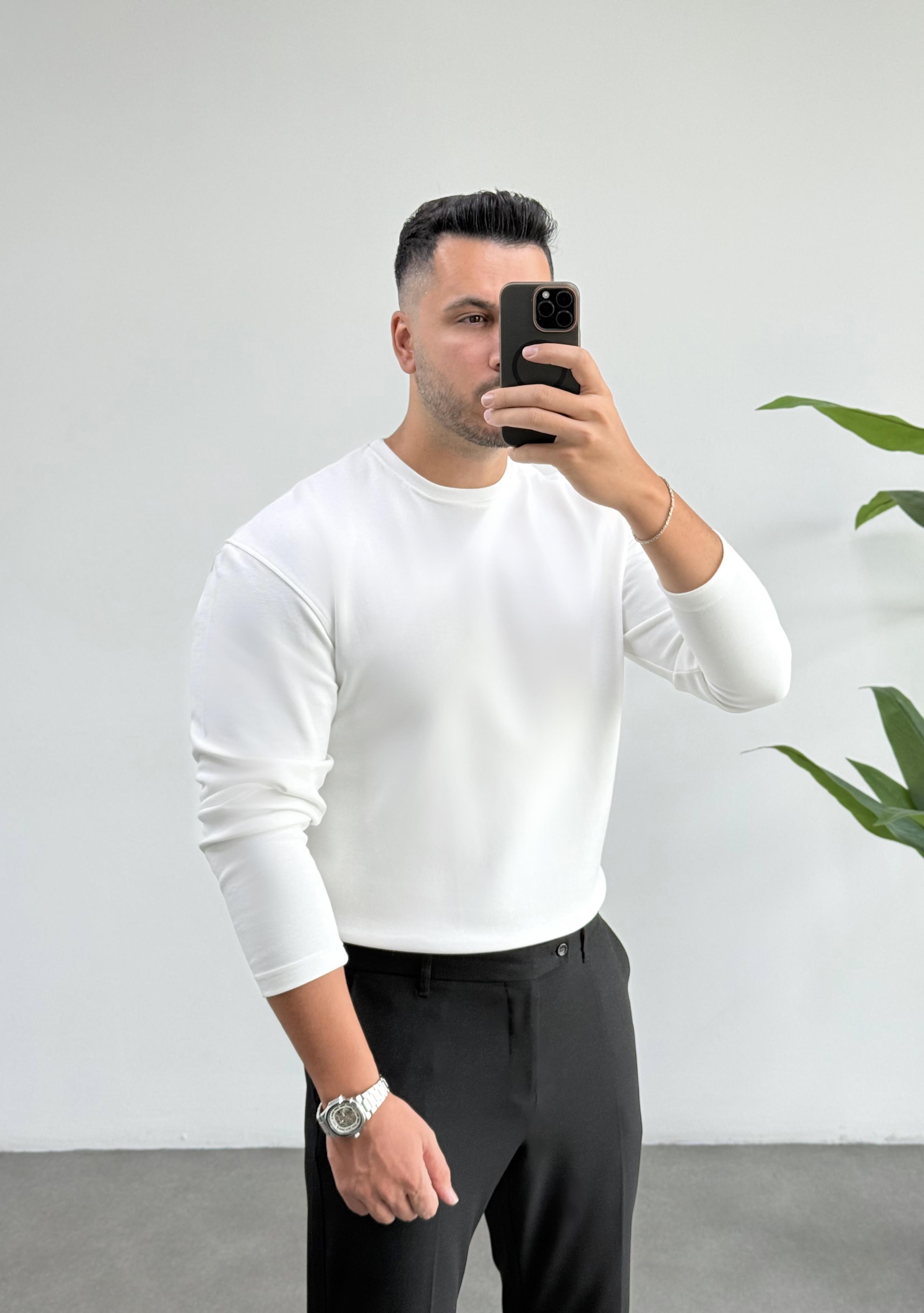 Bisiklet Yaka Duble Face Beyaz Sweat