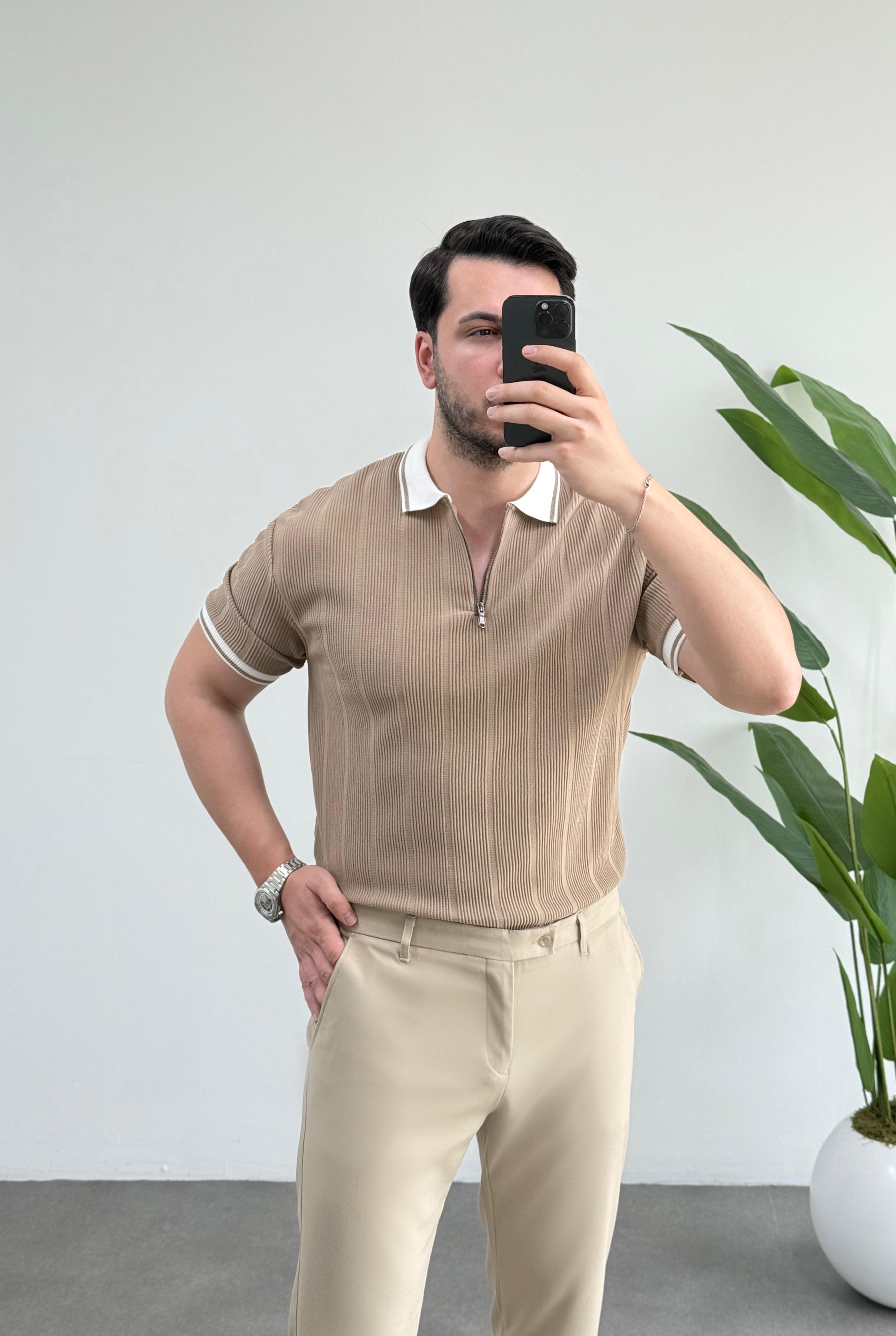 Comfort Bej Fermuarlı Örme Tişört 