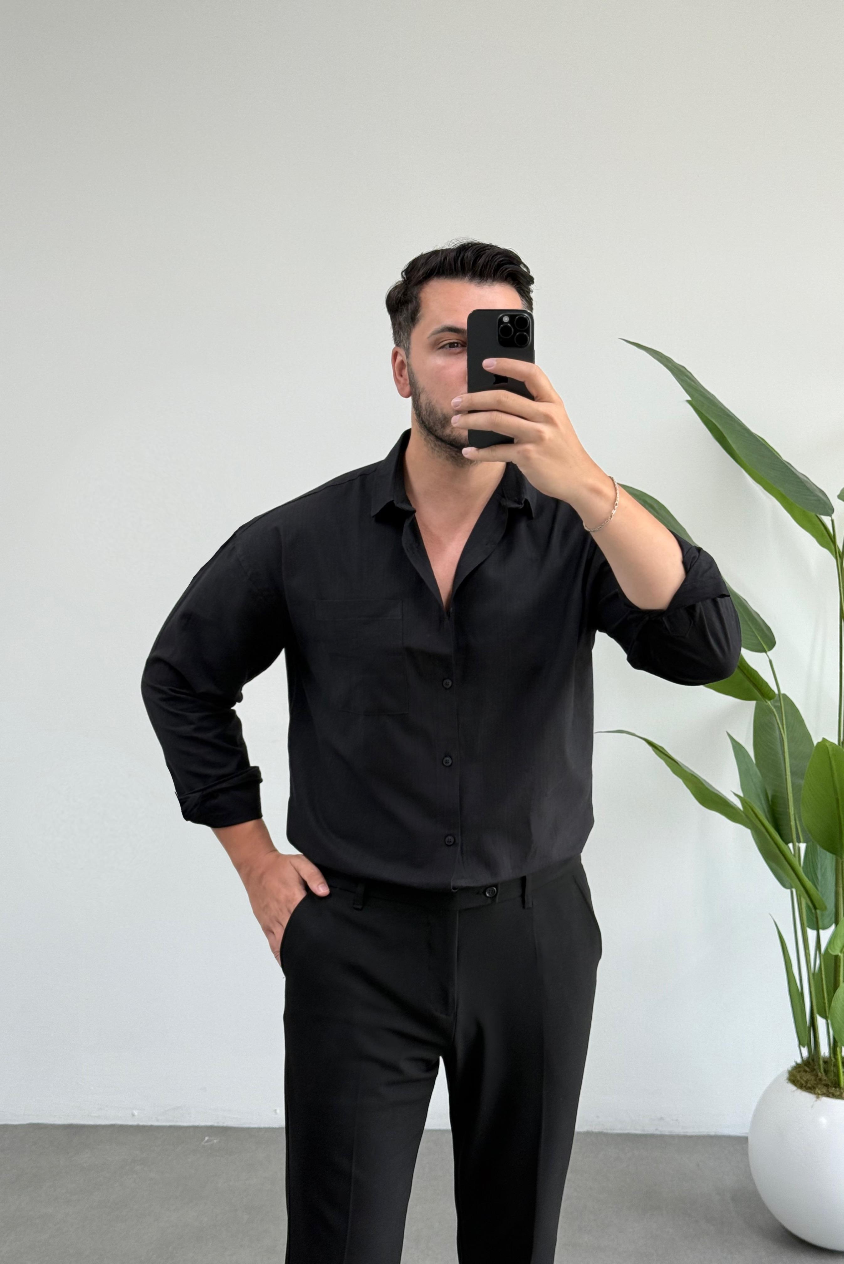 Dasel Siyah Cepli Oversize Keten Gömlek 