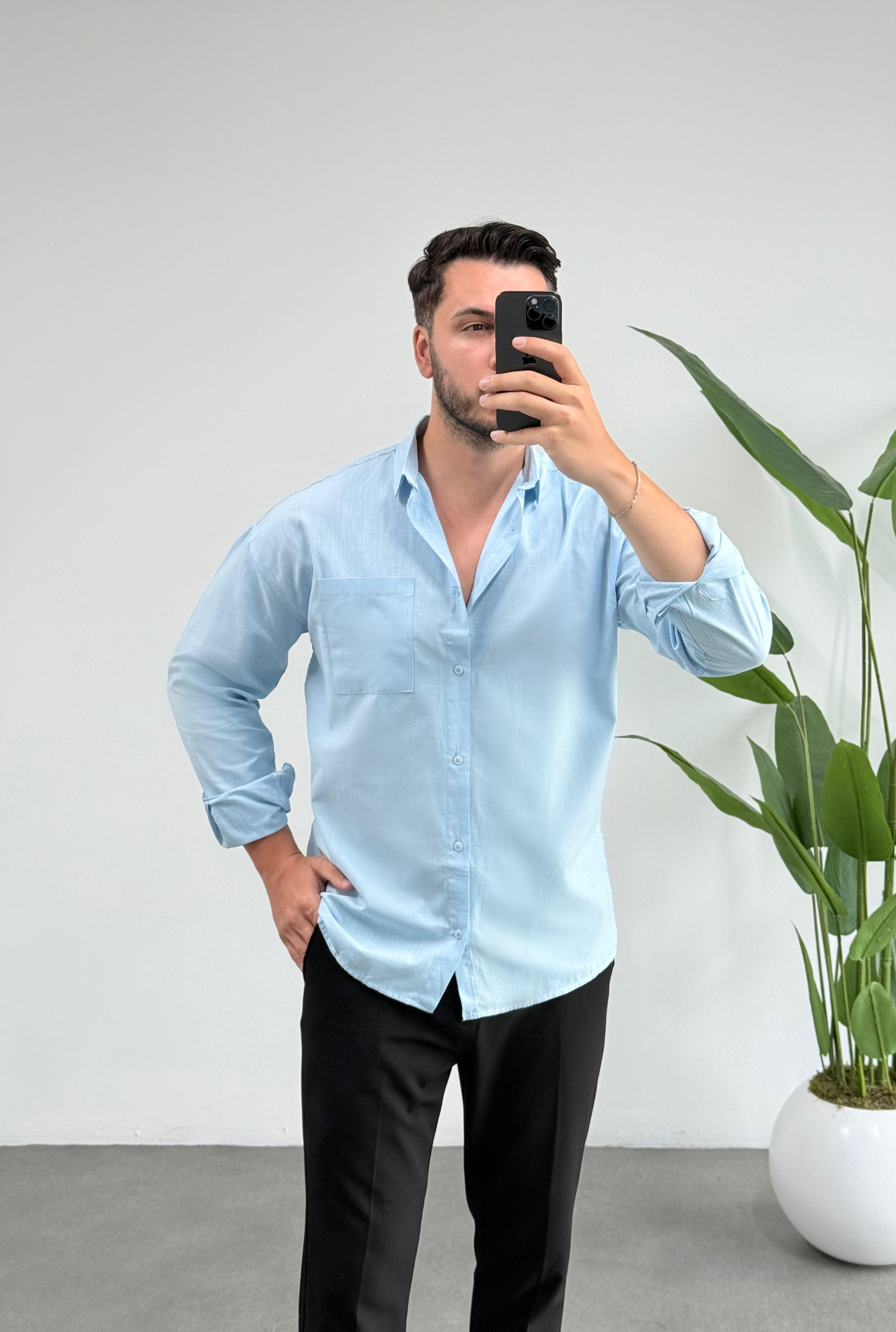 Desel Mavi Cepli Oversize Keten Gömlek 
