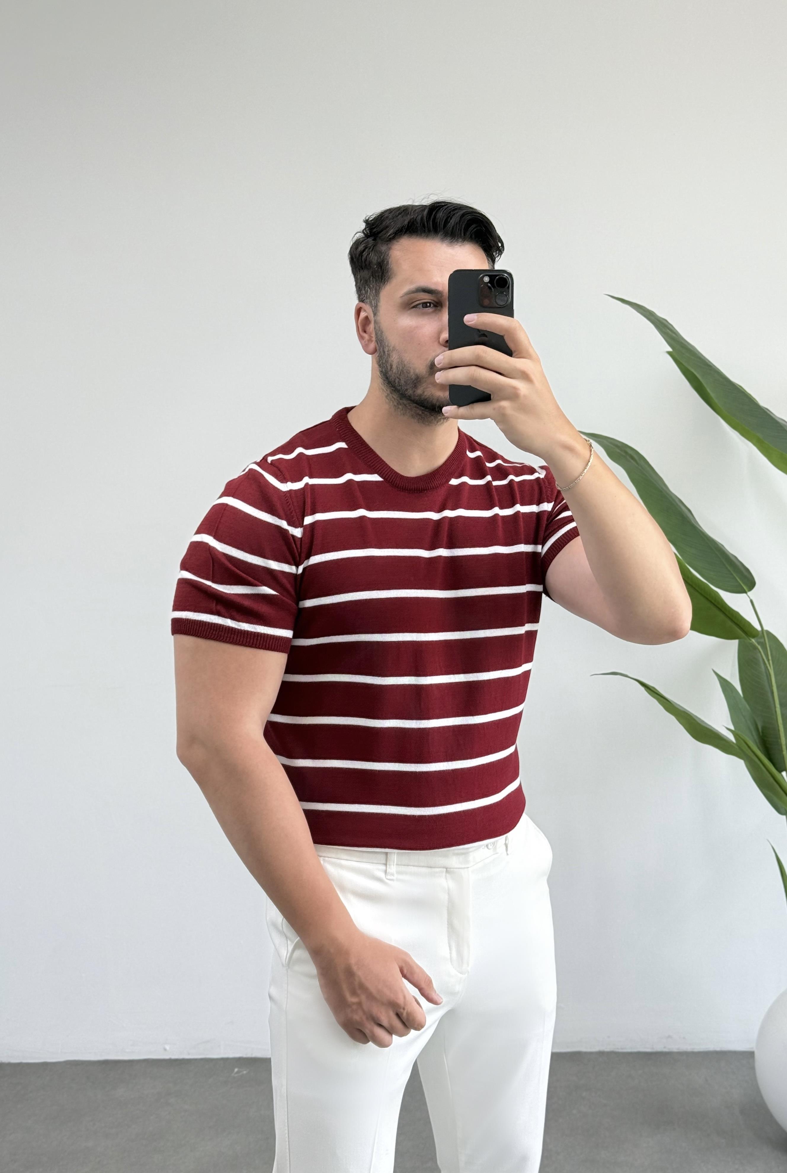 Dioser Bordo Çizgili Triko Tişört 