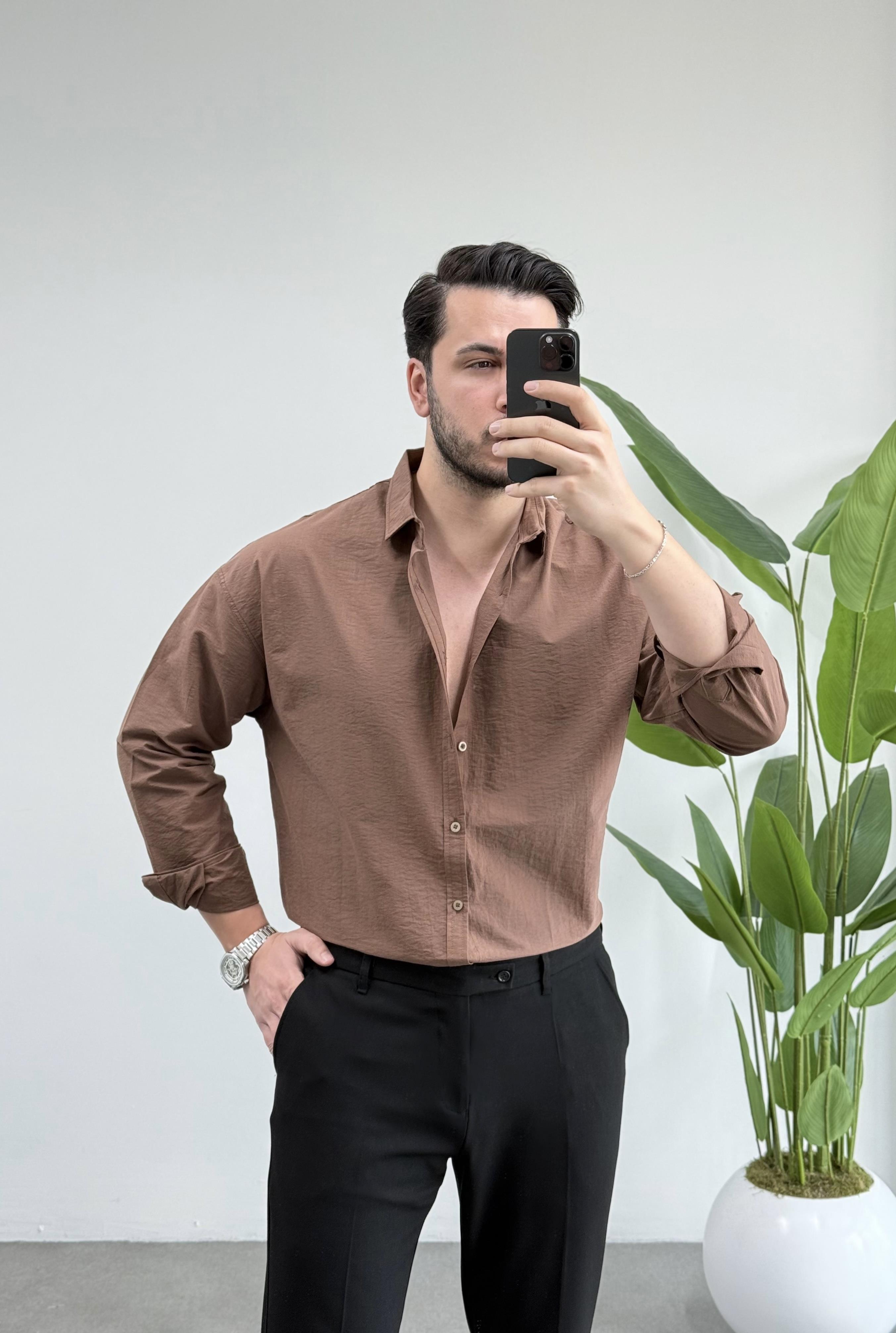 Dokulu Kahve Modal Oversize Gömlek 