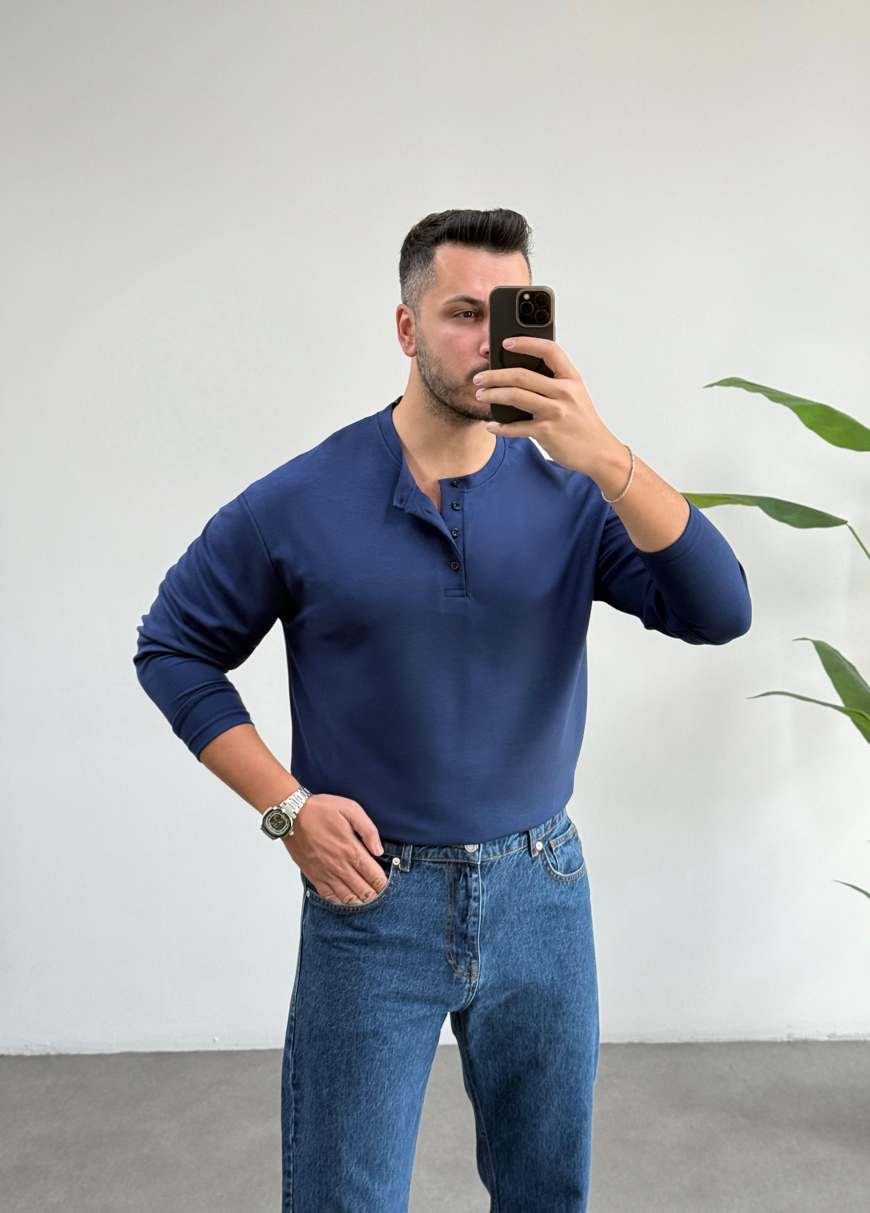 Dokulu Oysho Yaka Düğmeli Lacivert Sweat