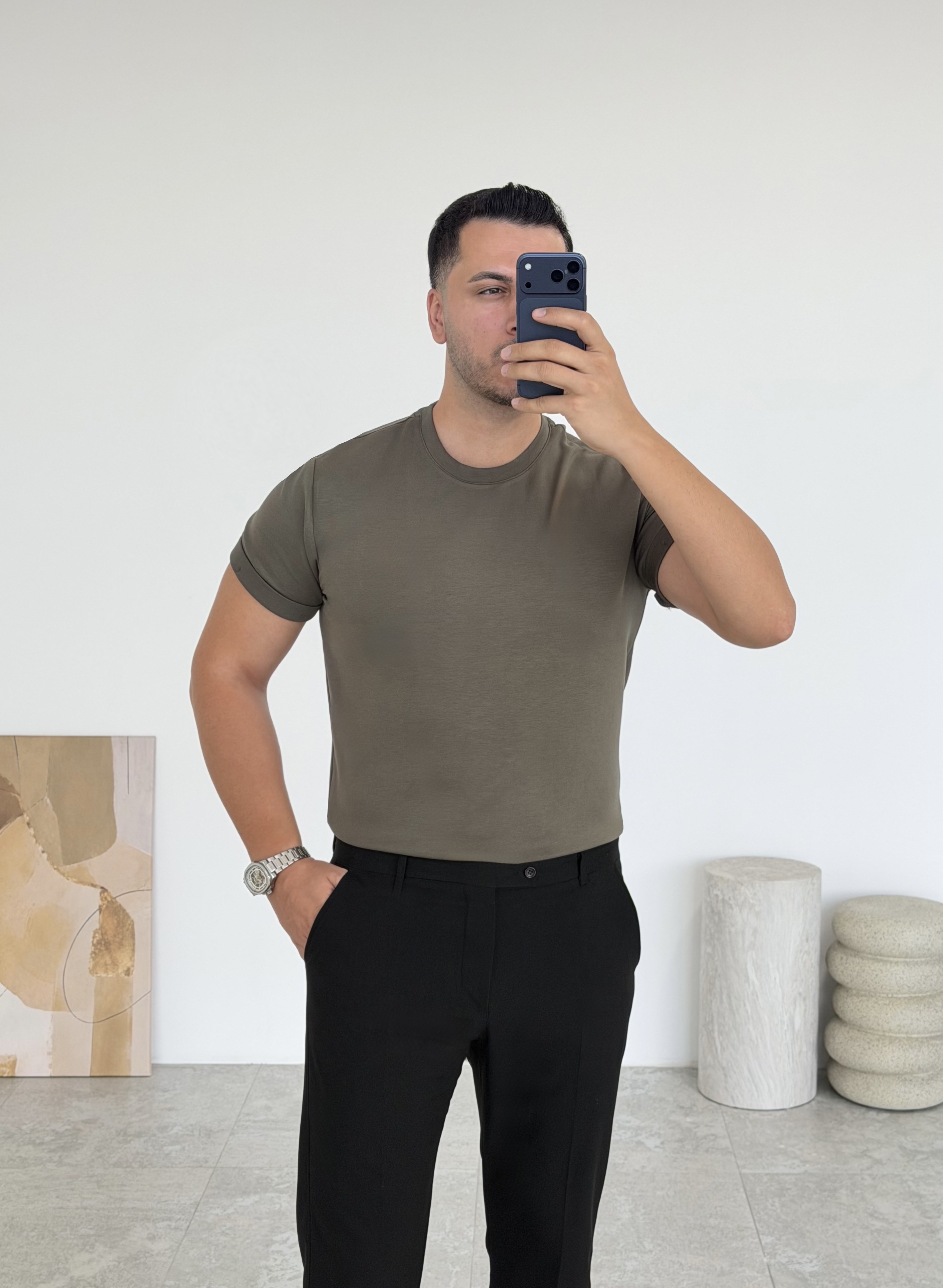 Double Face Yarım Oversize Haki Tişört