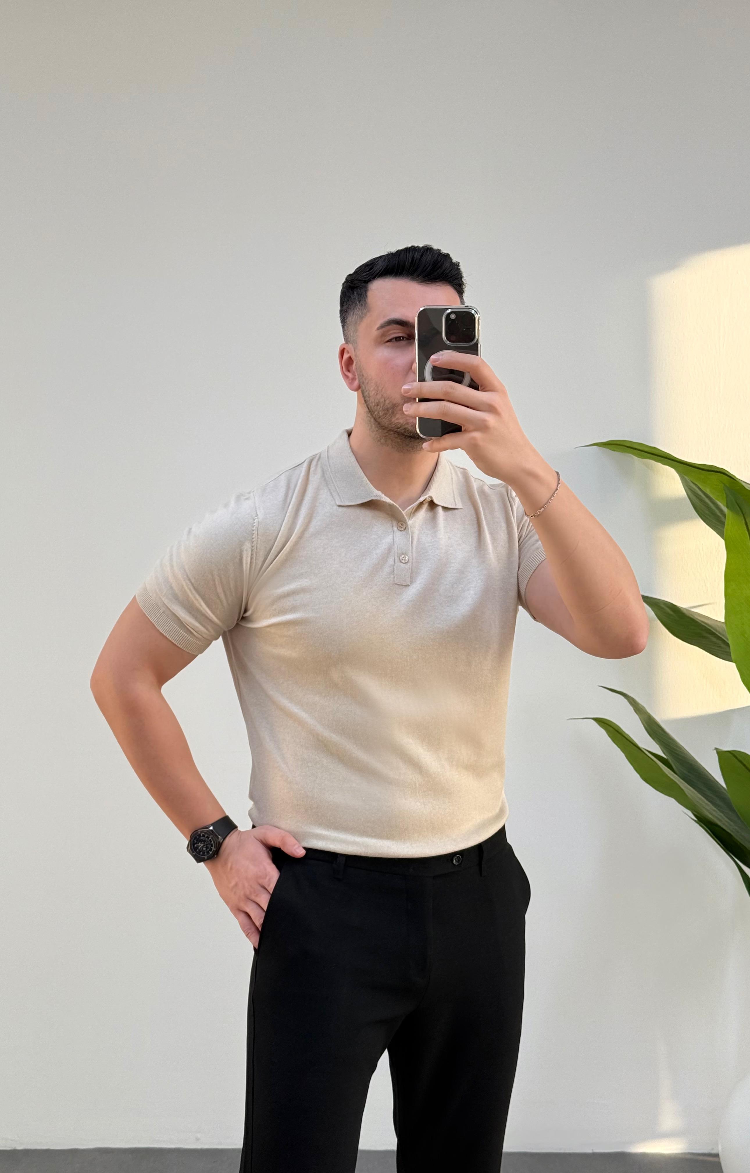 Düğmeli Polo Yaka Krem Örme Tişört 
