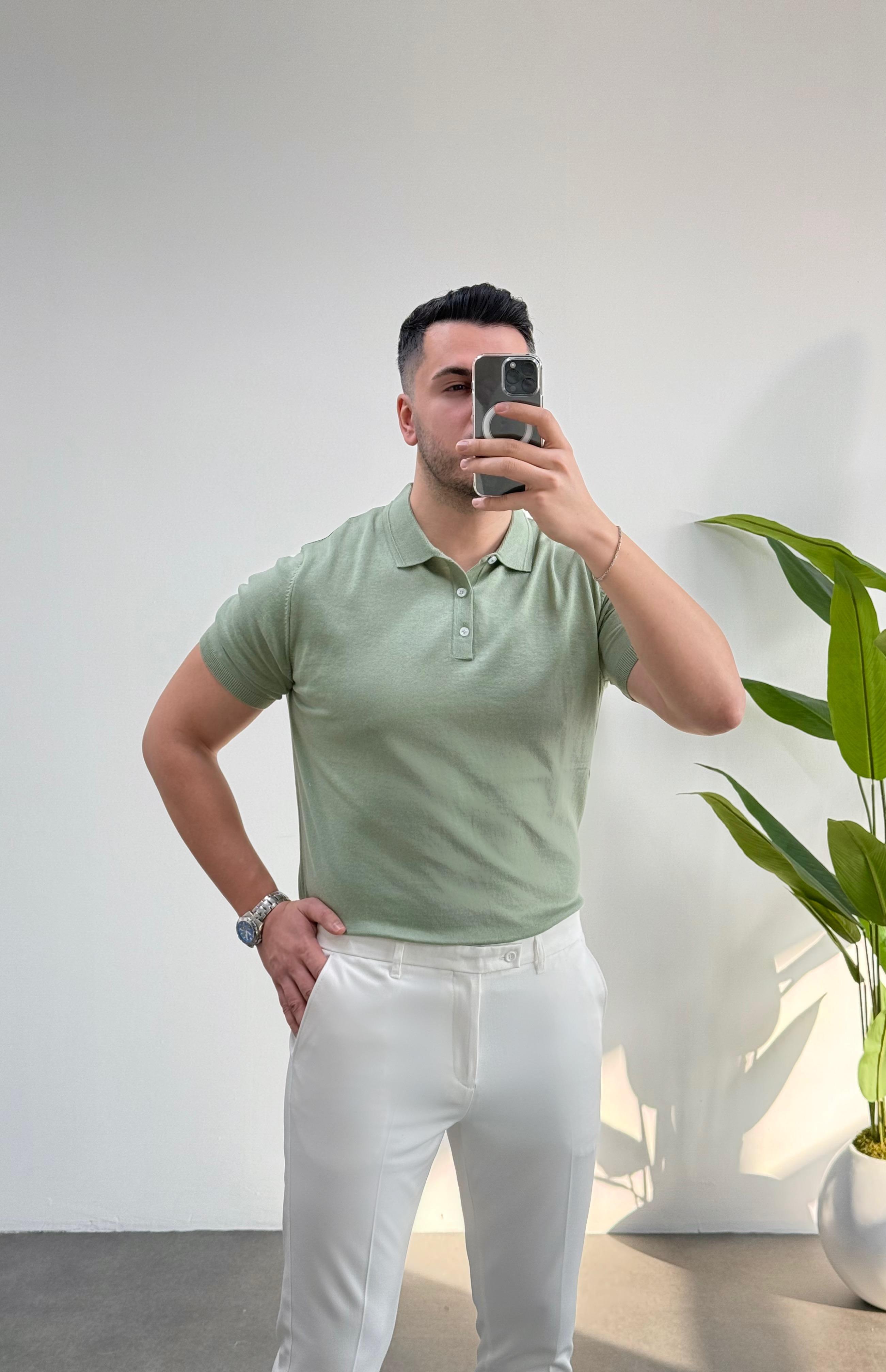 Düğmeli Polo Yaka Mint Örme Tişört 