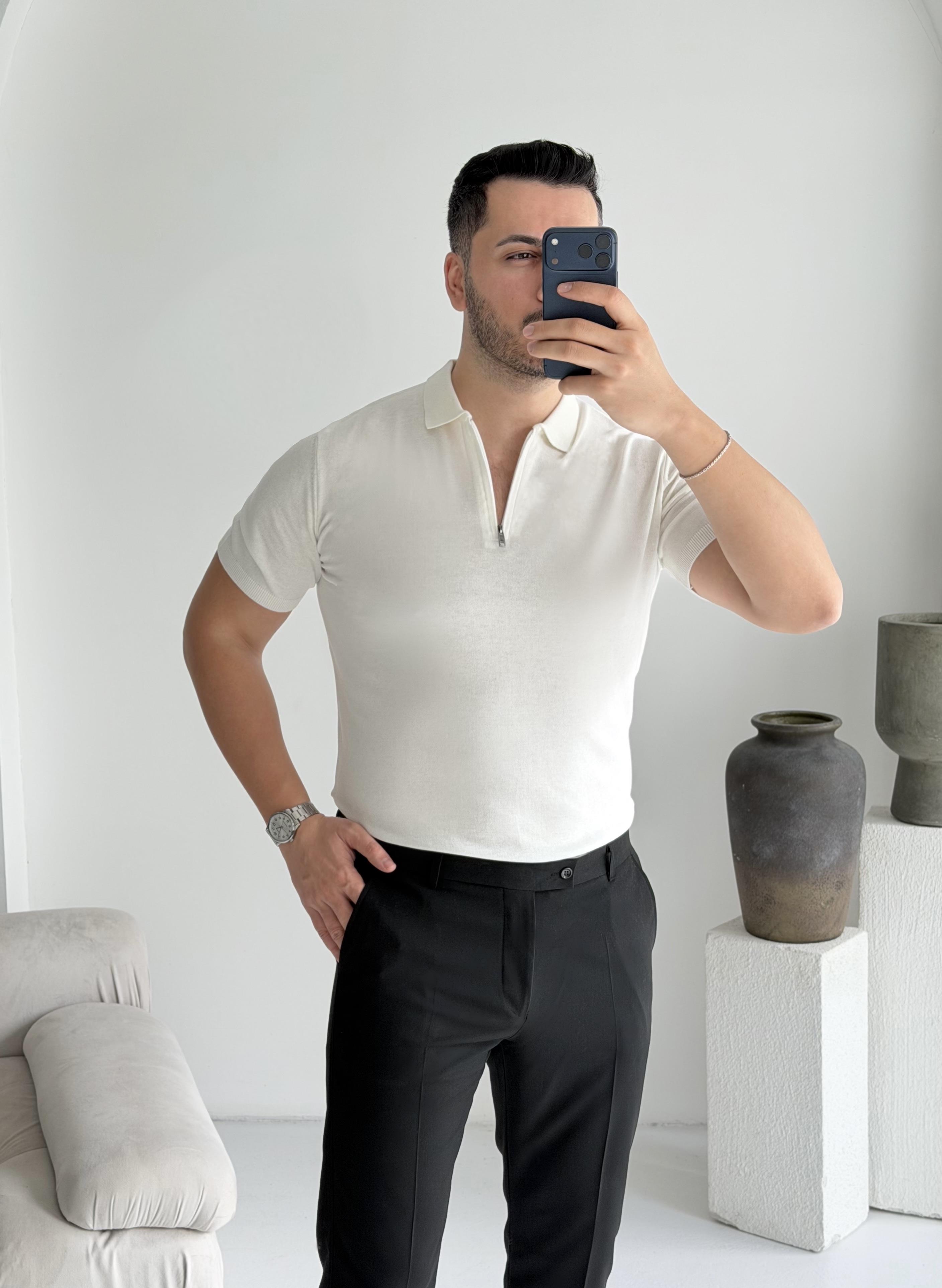 Fermuarlı Beyaz Örme Tişört