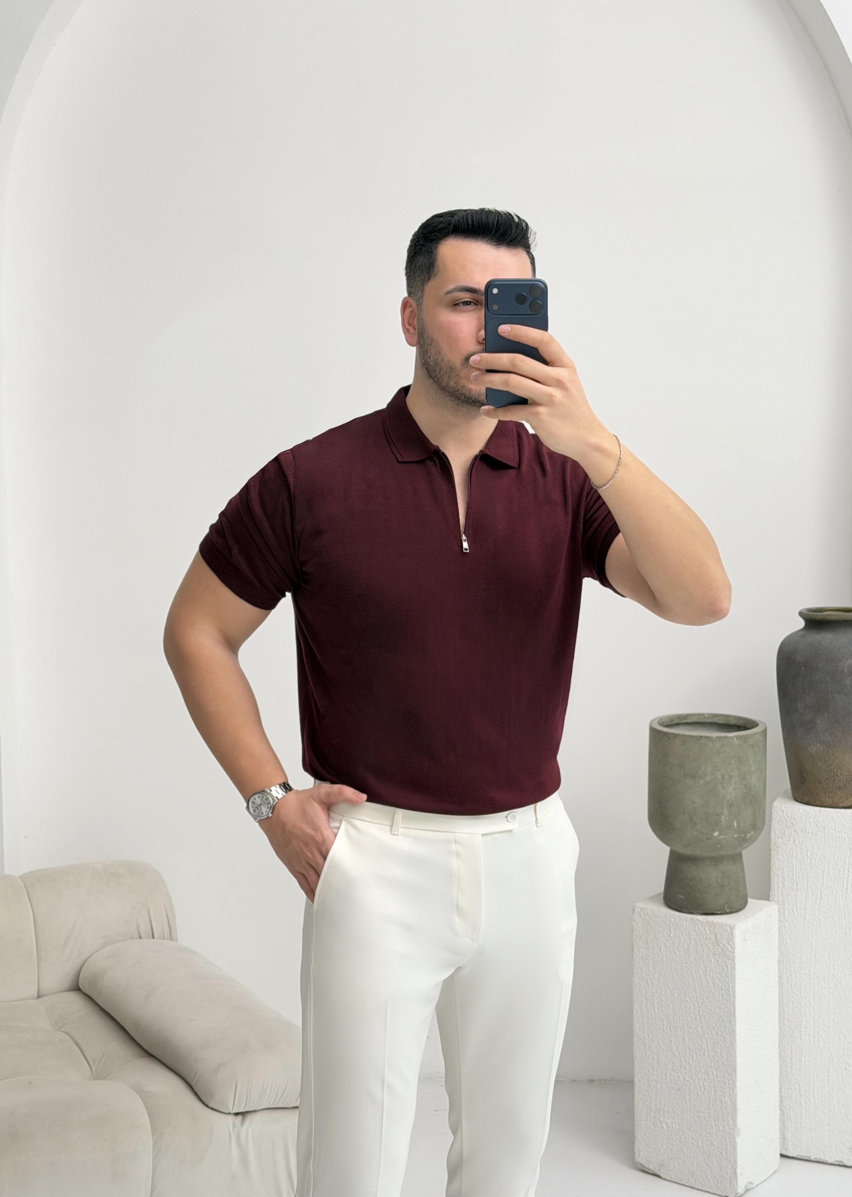 Fermuarlı Bordo Örme Tişört