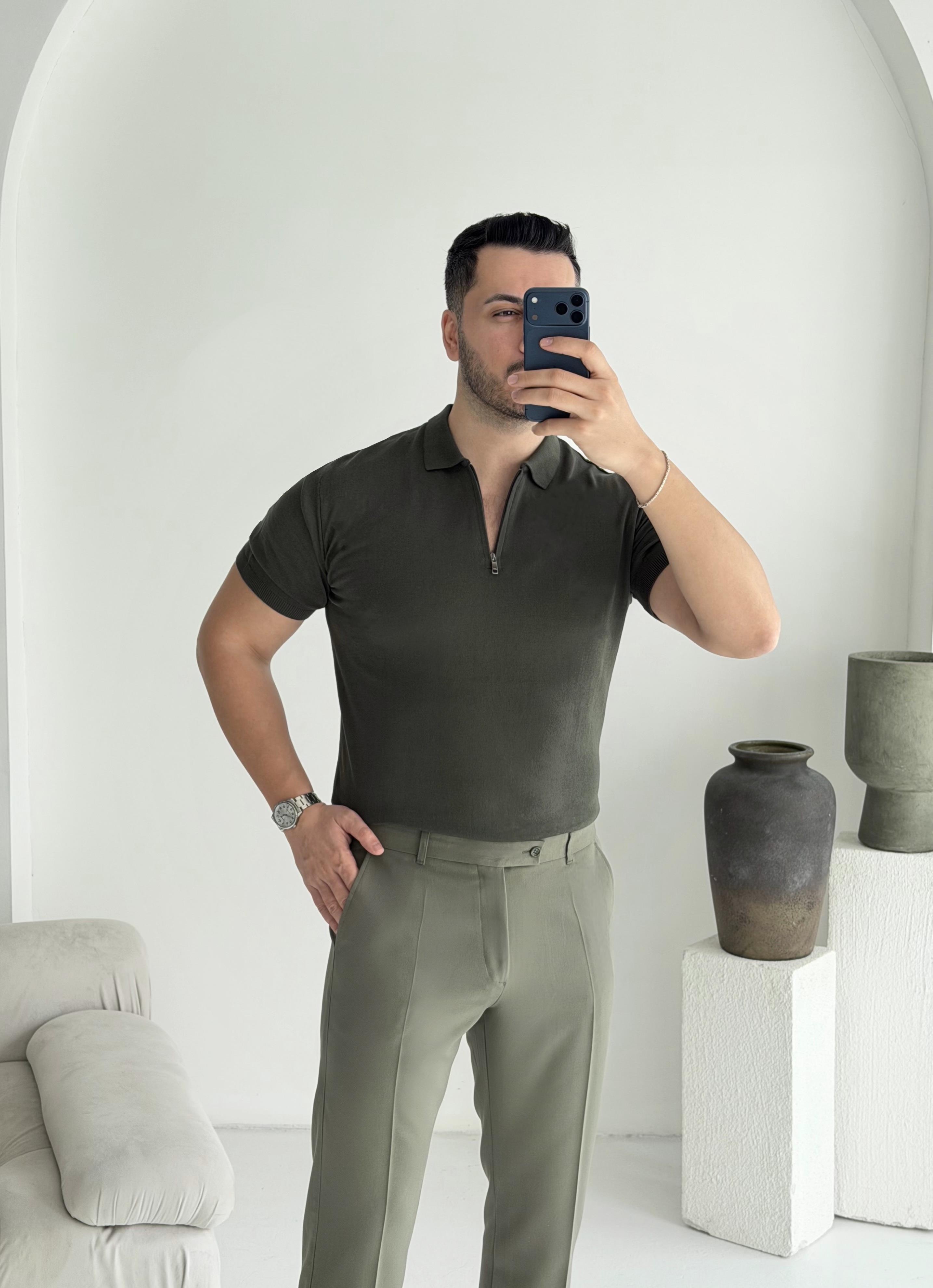 Fermuarlı Haki Örme Tişört