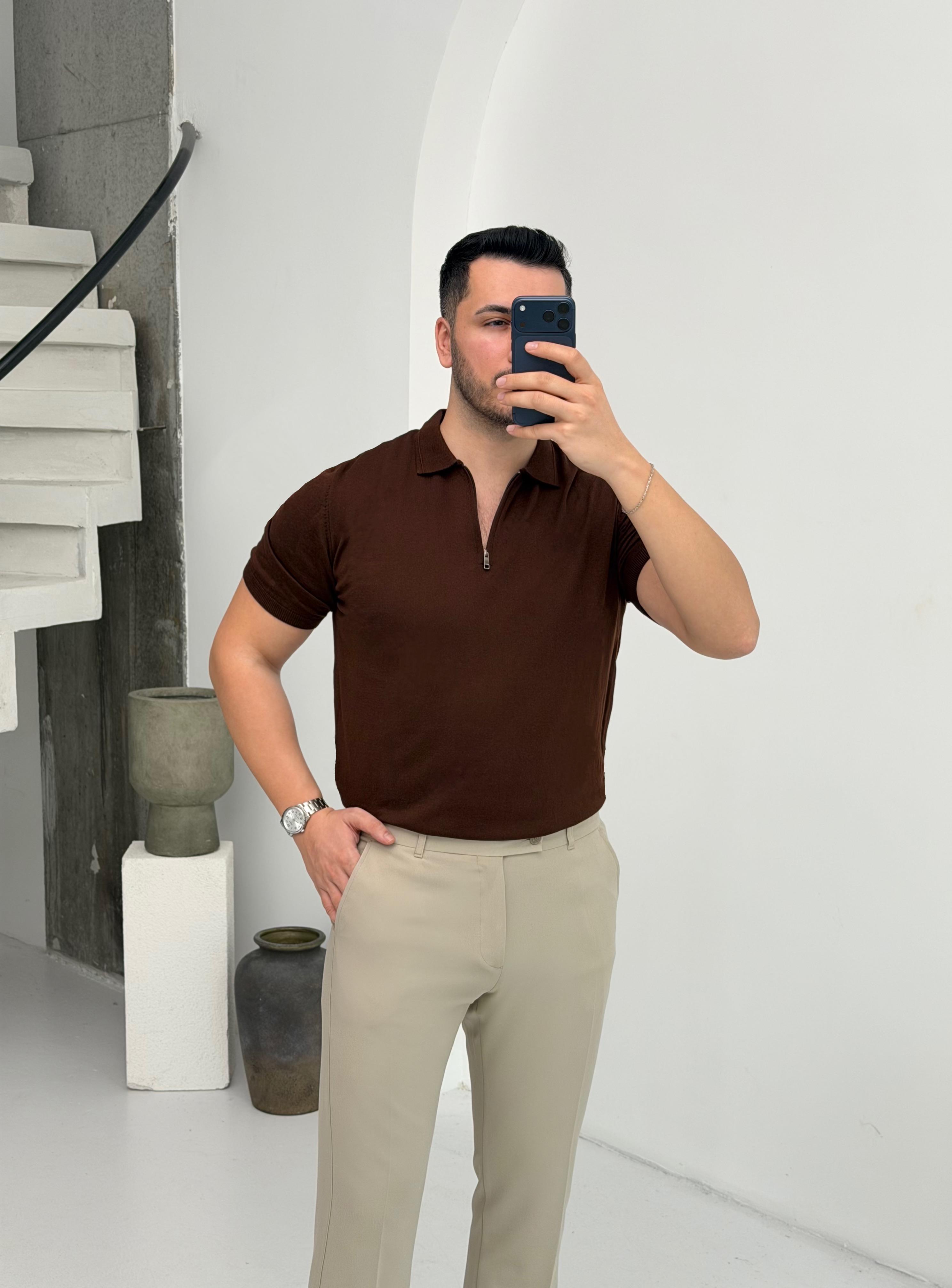 Fermuarlı Kahve Örme Tişört