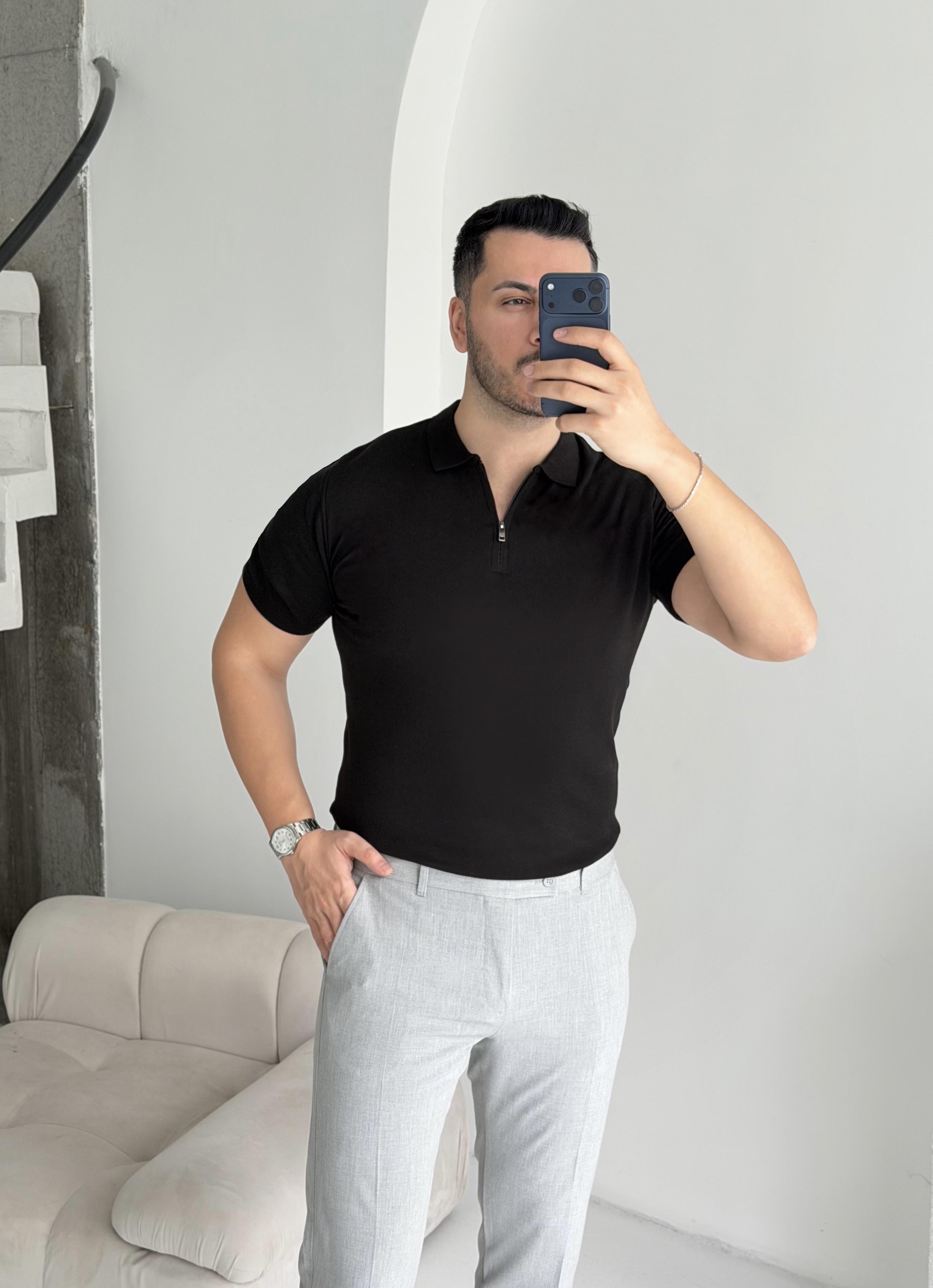 Fermuarlı Siyah Örme Tişört