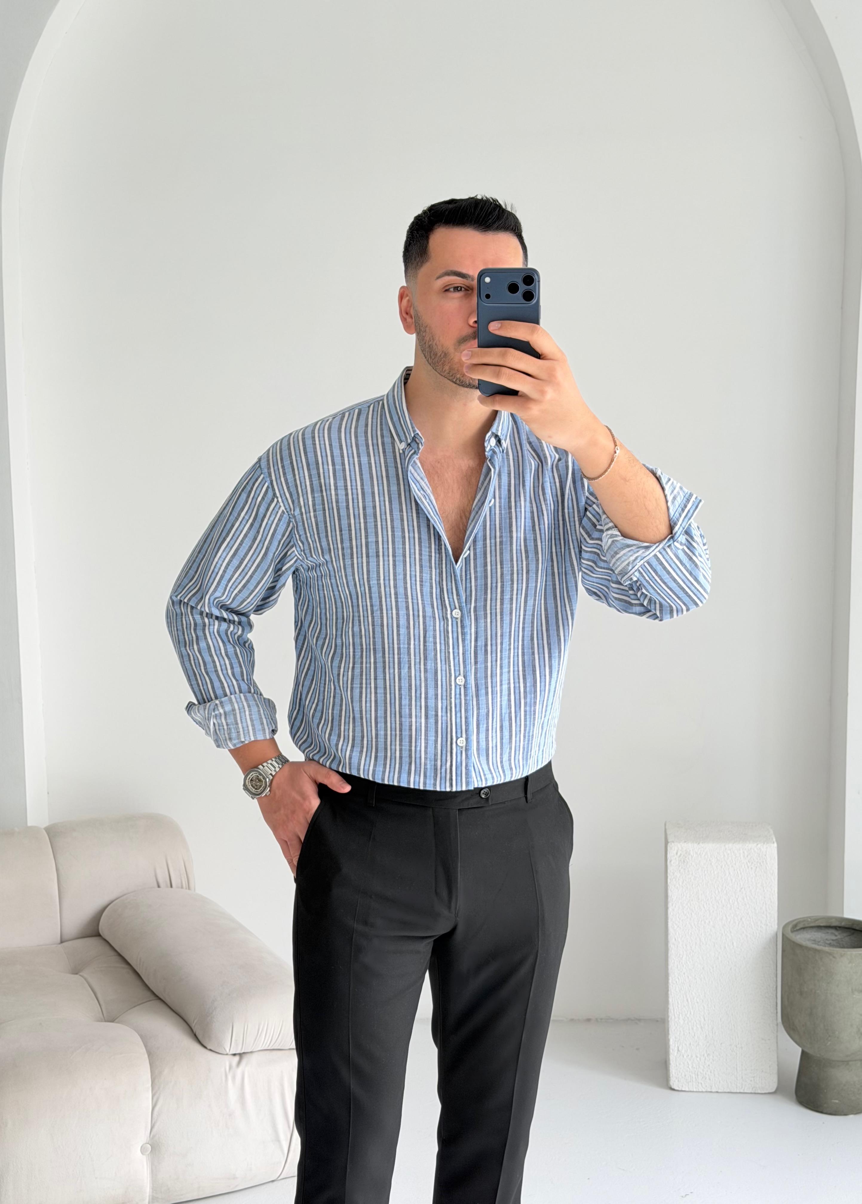 Gentle Mavi Çizgili Oversize Keten Gömlek