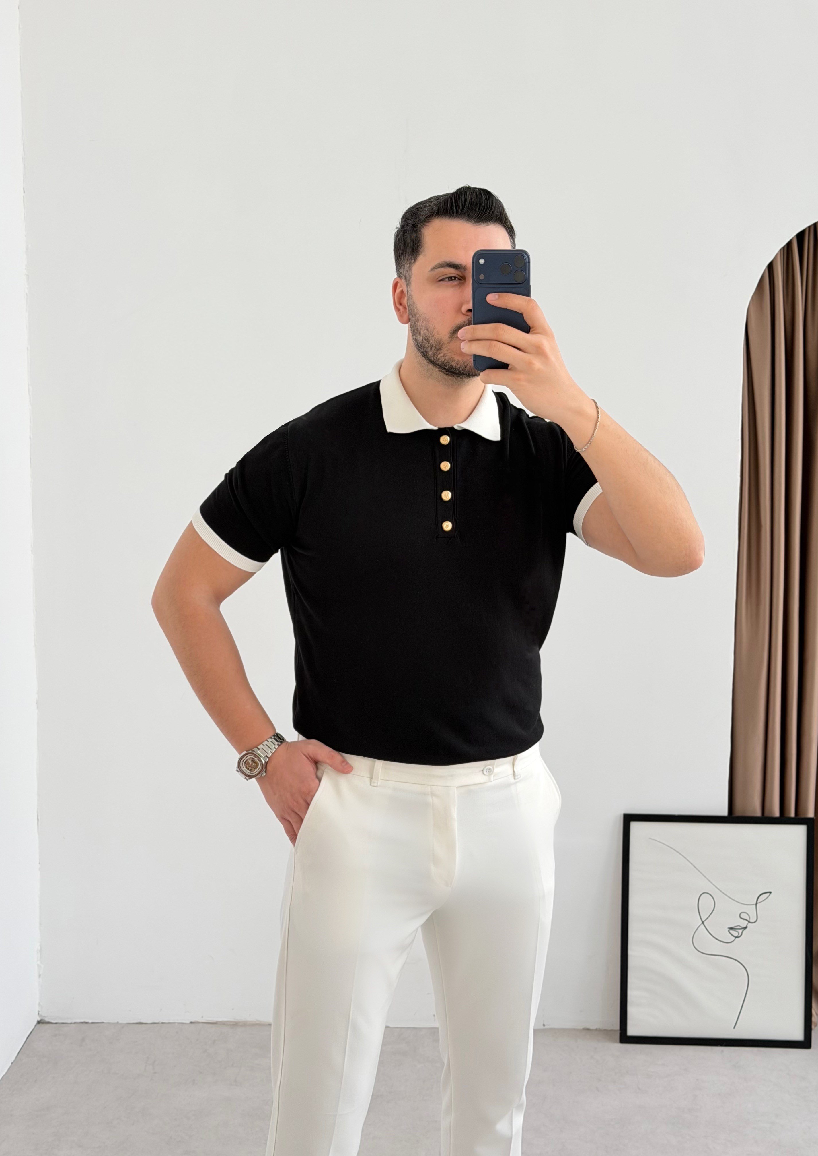Gold Düğme Siyah Örme Tişört