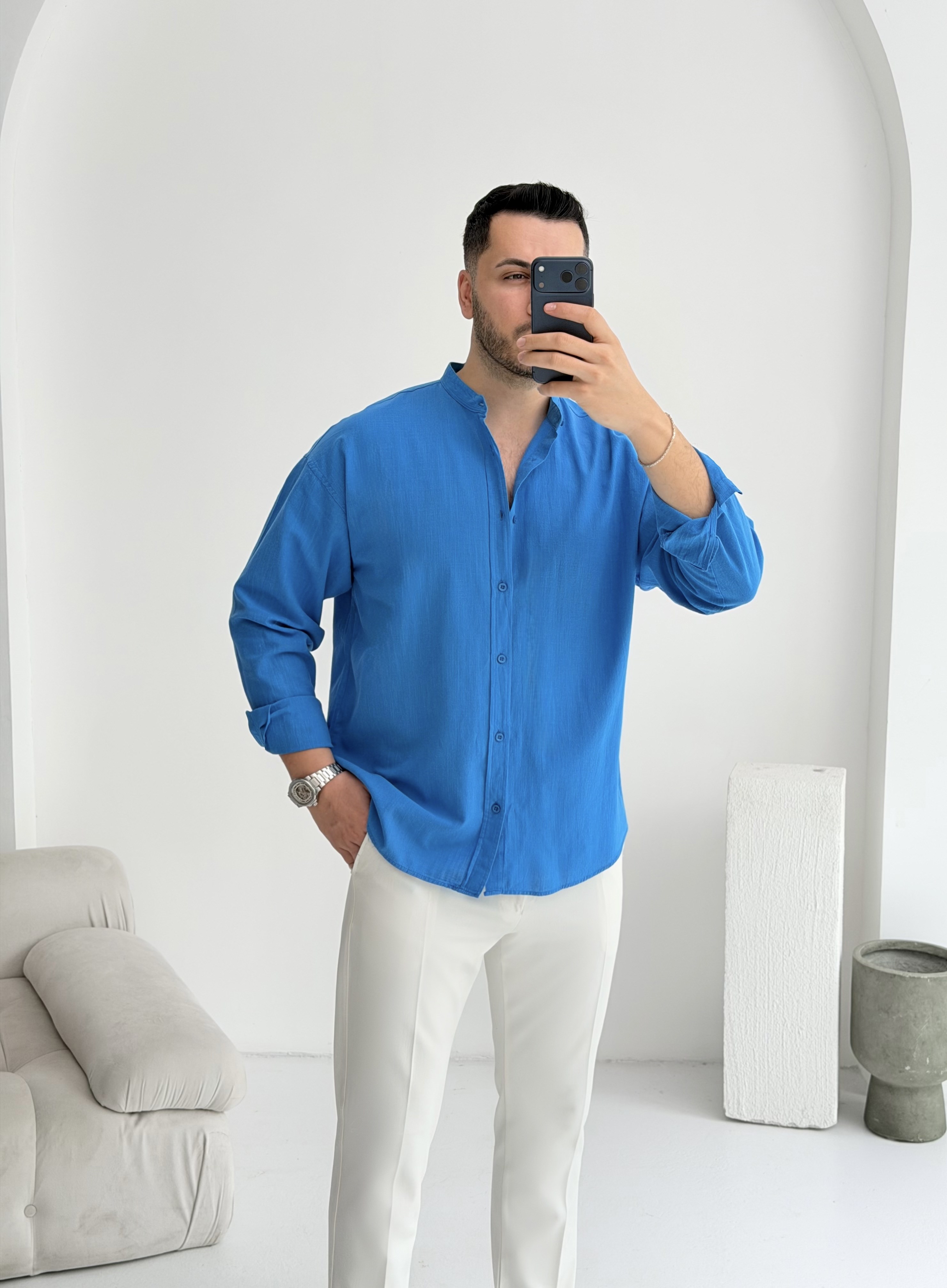 Hakim Yaka Saks Oversize Keten Gömlek