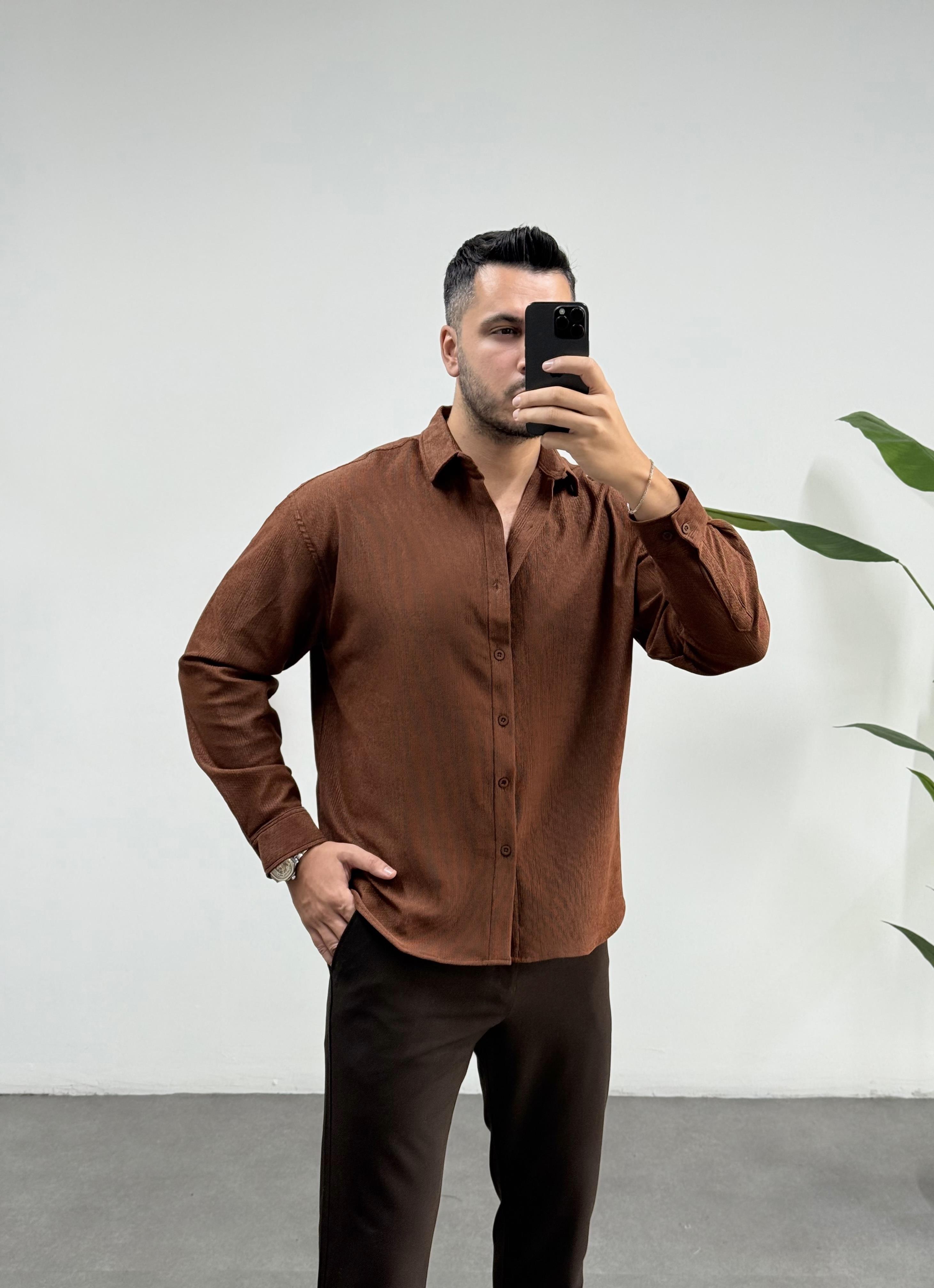 İpek Kadife Kahve Oversize Gömlek 
