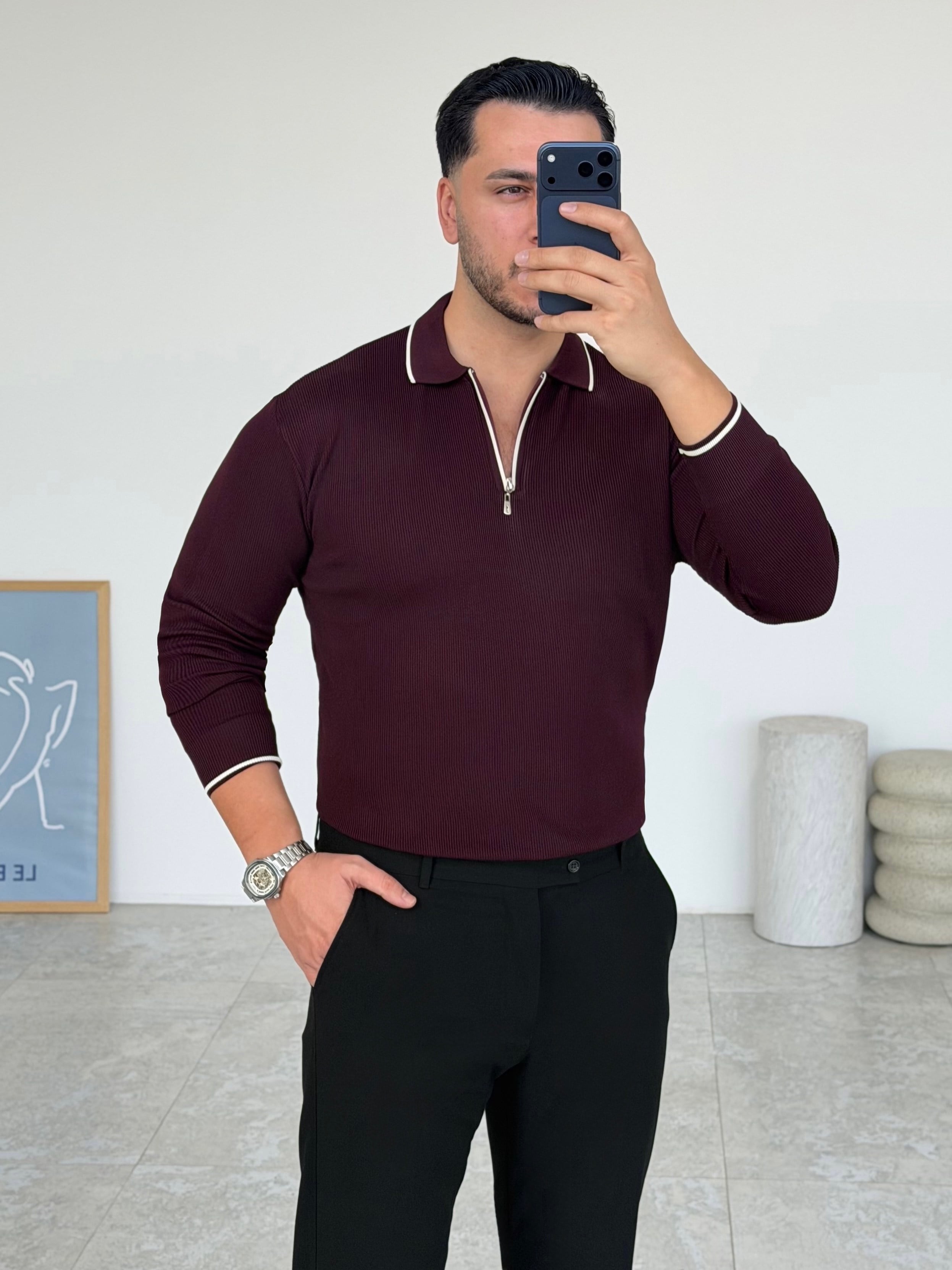 Jesou Yaka Detay Fermuarlı Bordo Triko