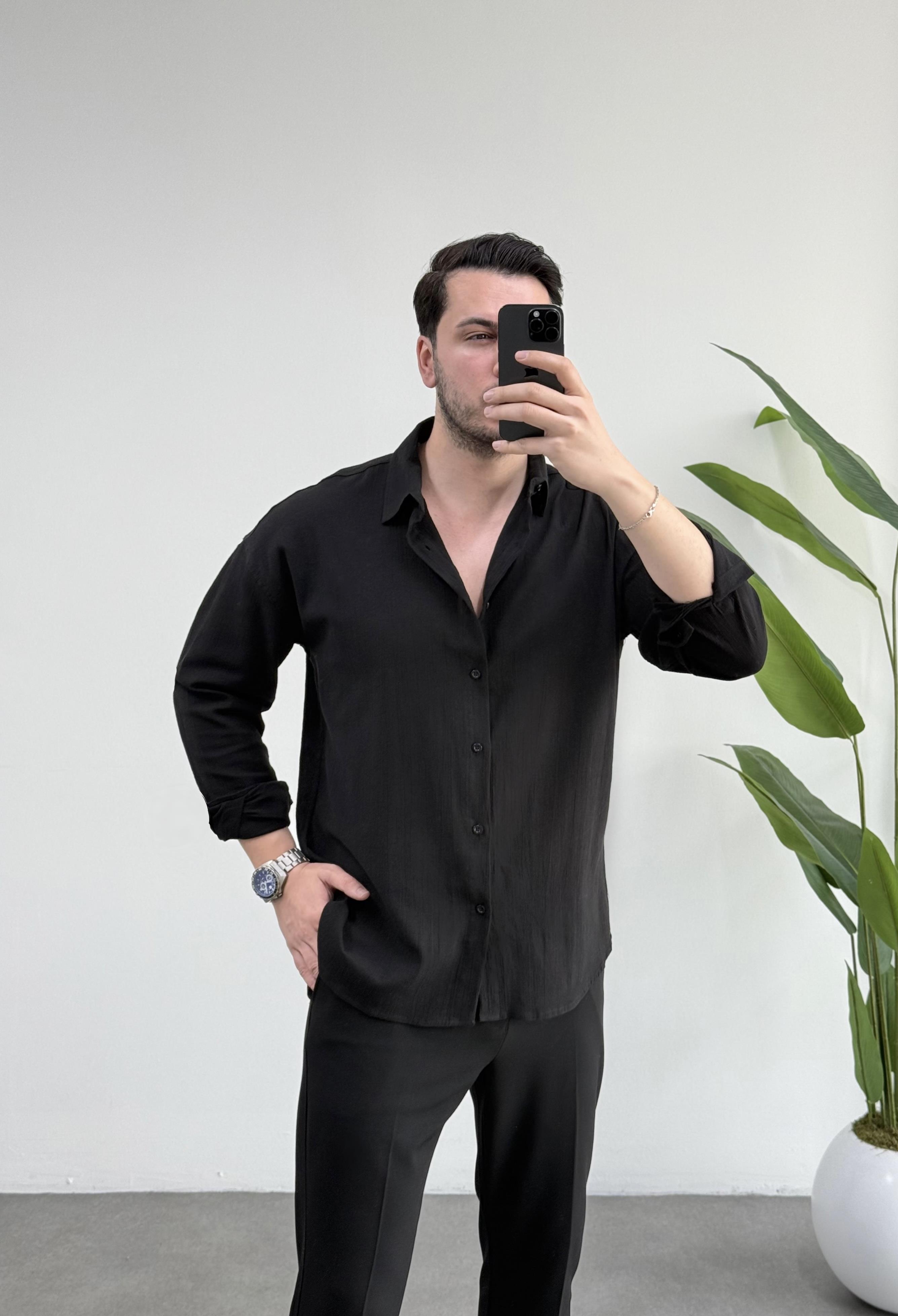 Kırınkıl Siyah Oversize Keten Gömlek 