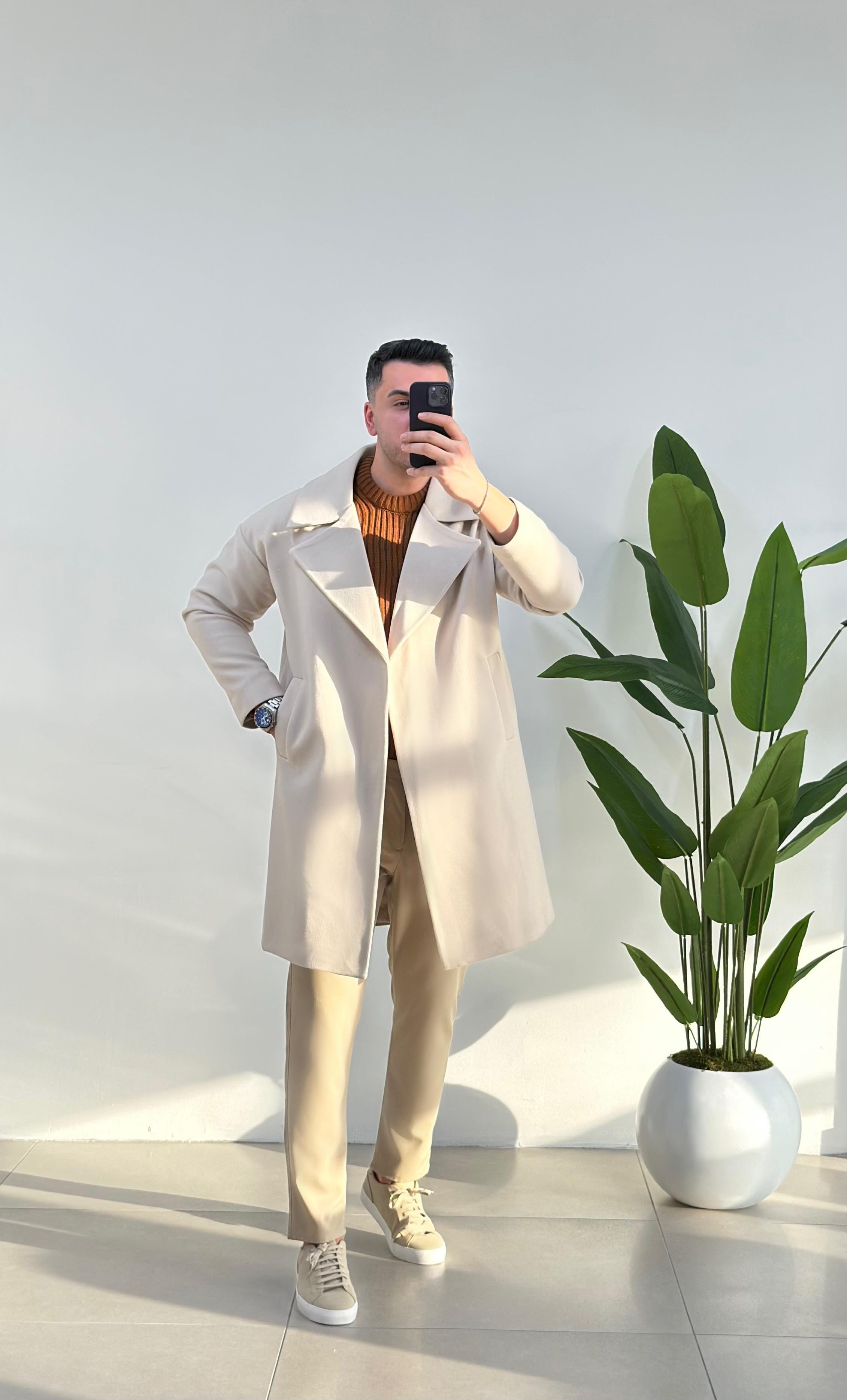 Krem Oversize Kaşe Kaban
