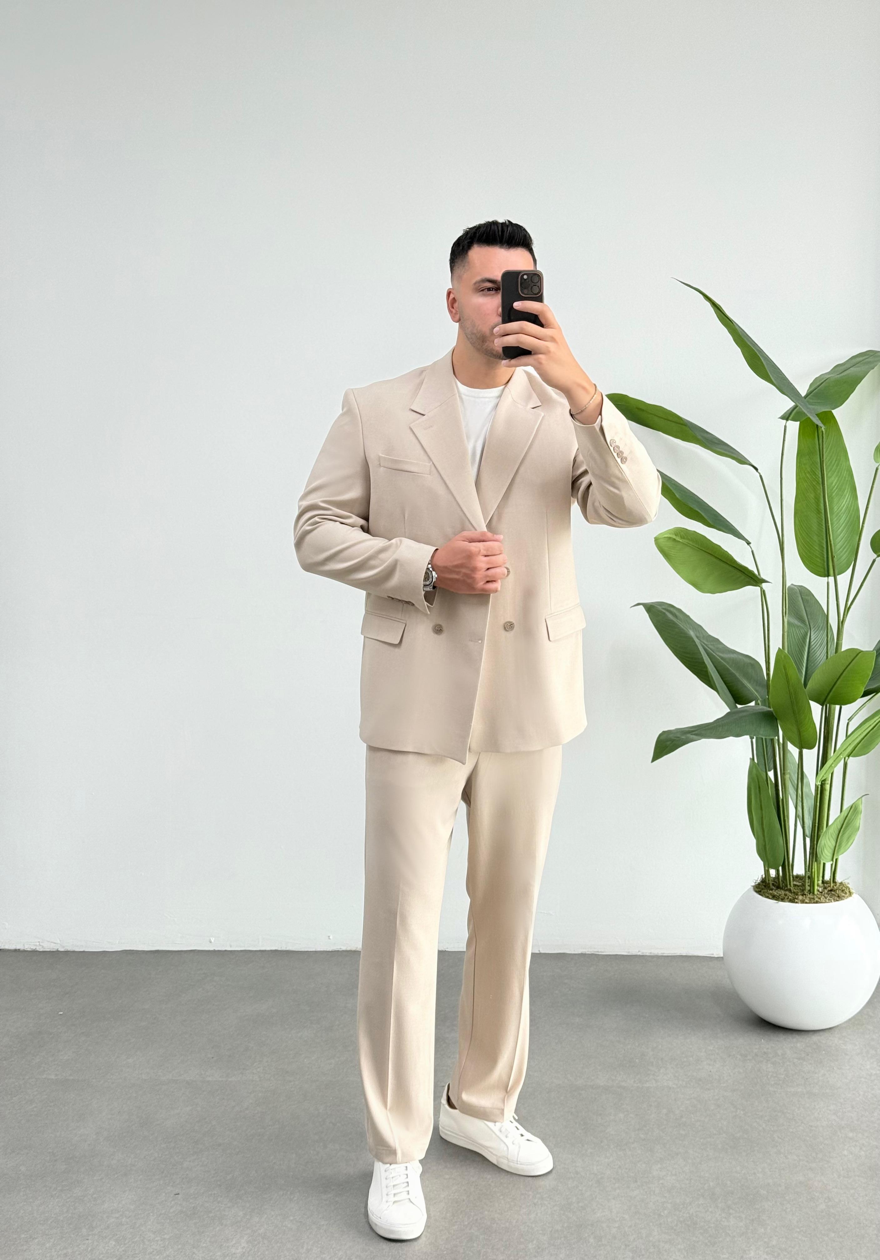 Kruvaze Oversize Bej Takım