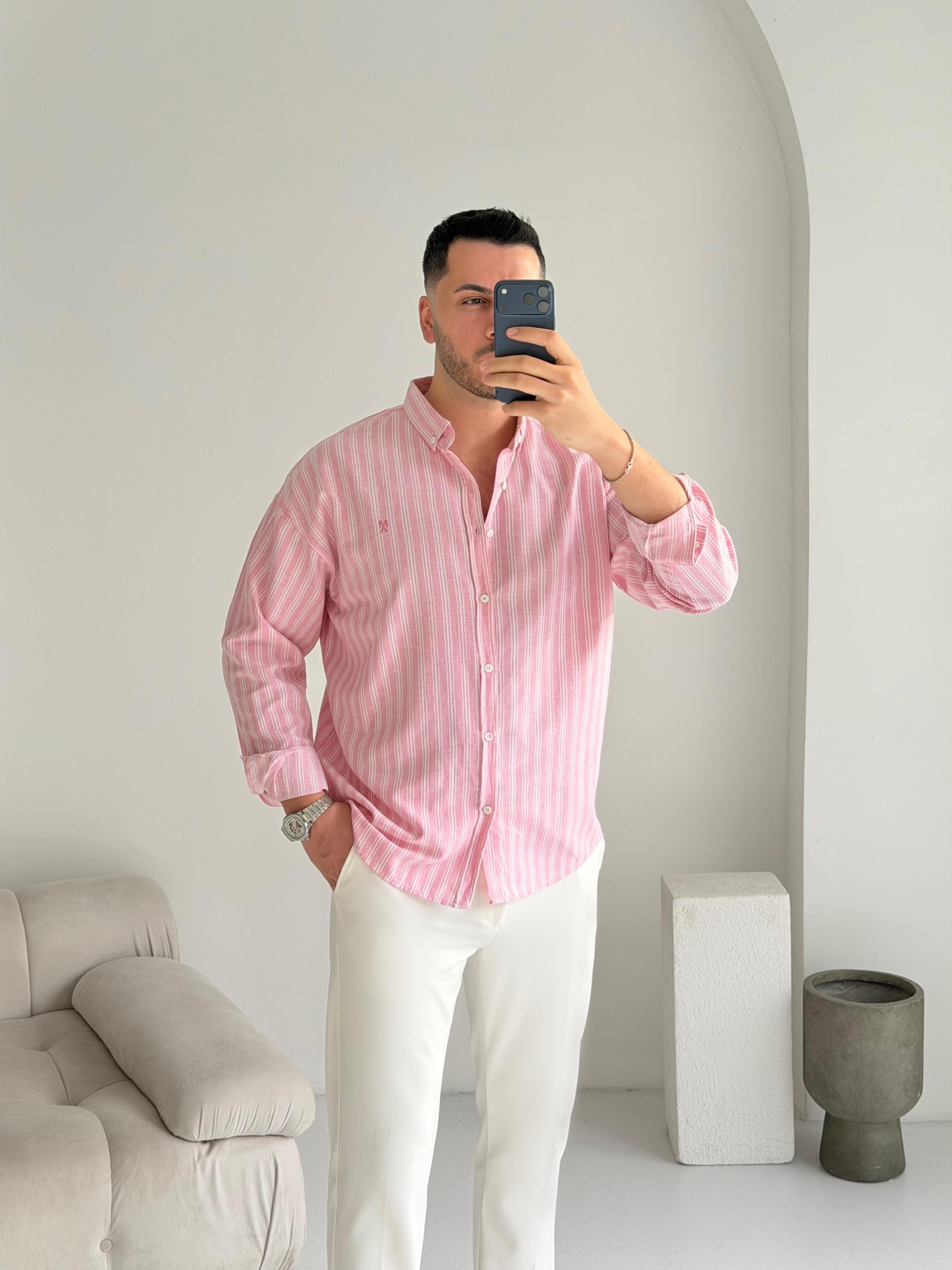 Majou Pudra Çizgili Oversize Keten Gömlek 