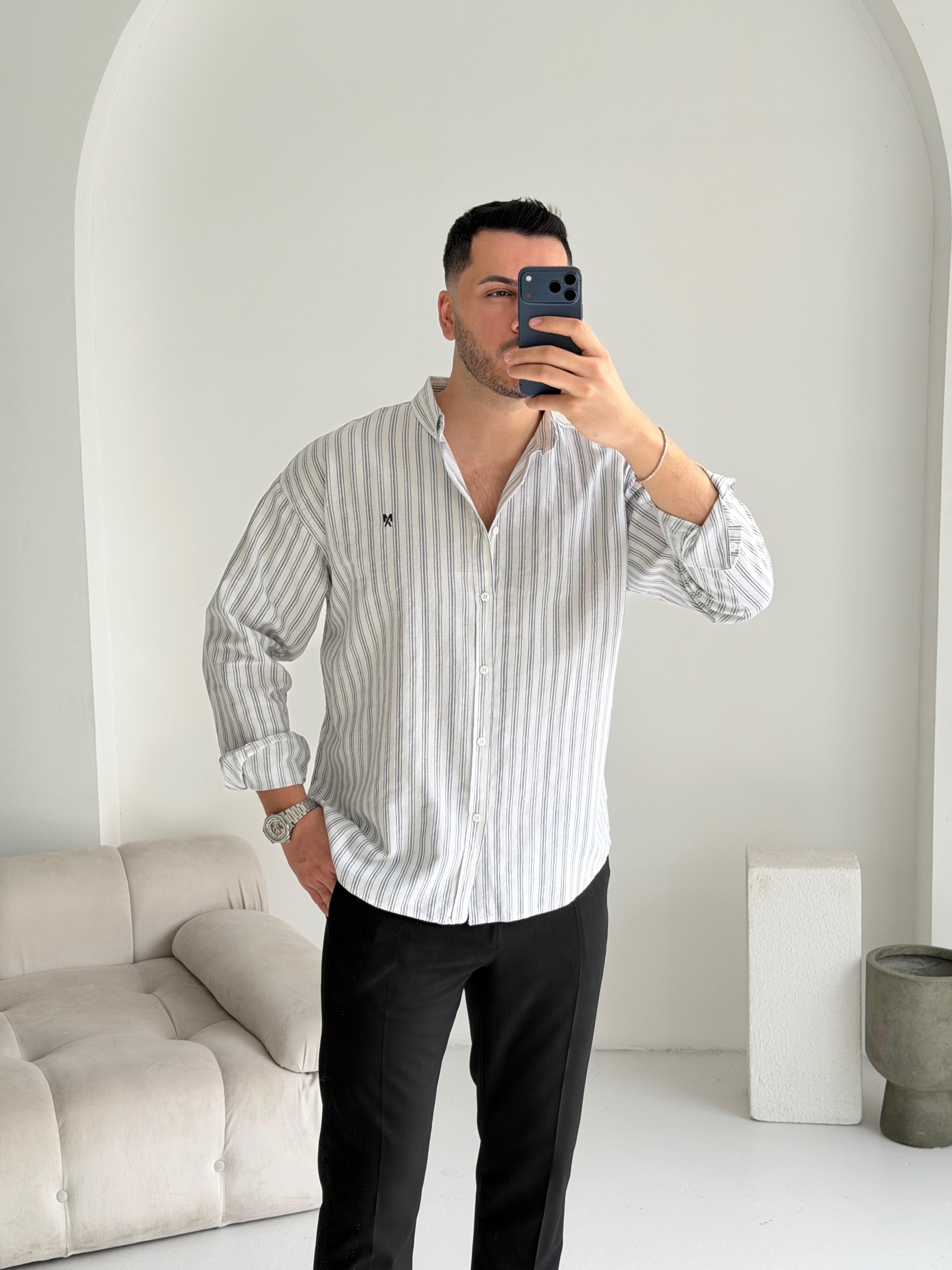 Majou Siyah Çizgili Oversize Keten Gömlek 