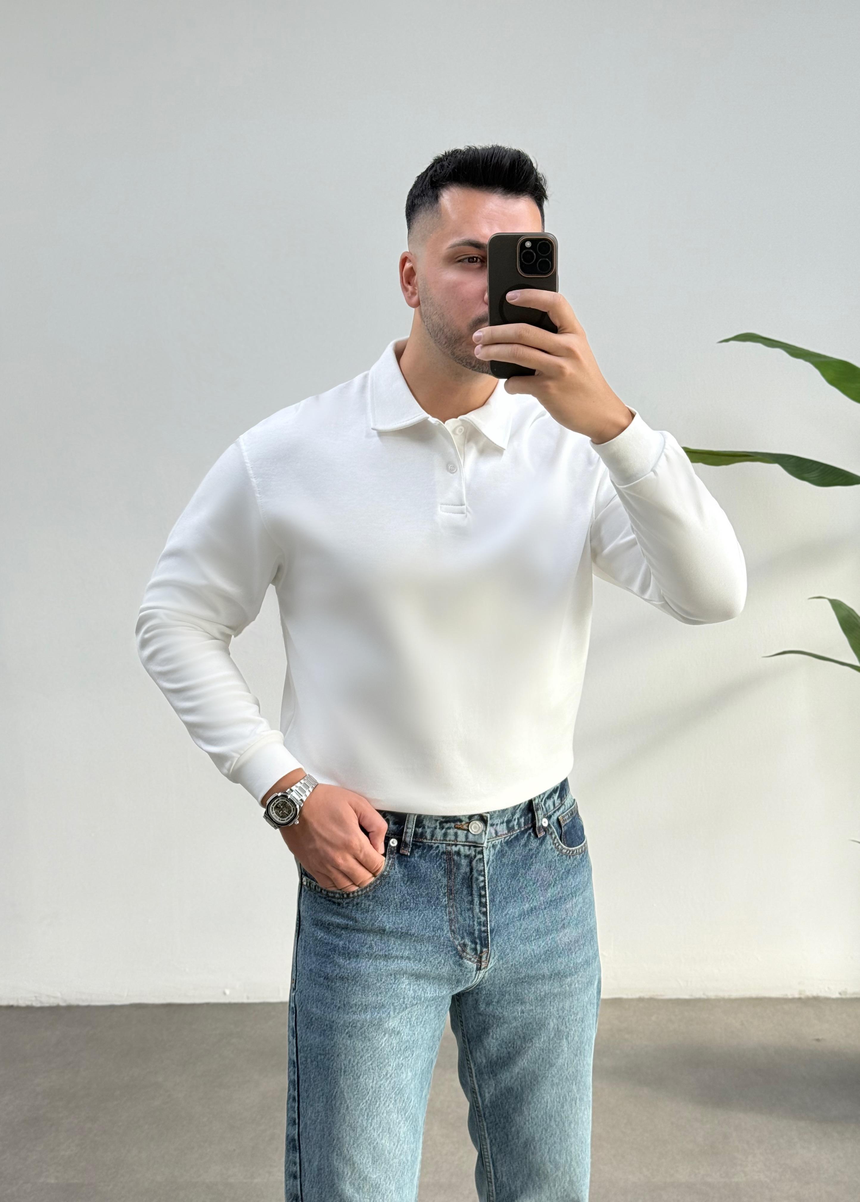 Merlin Polo Yaka Beyaz Sweat
